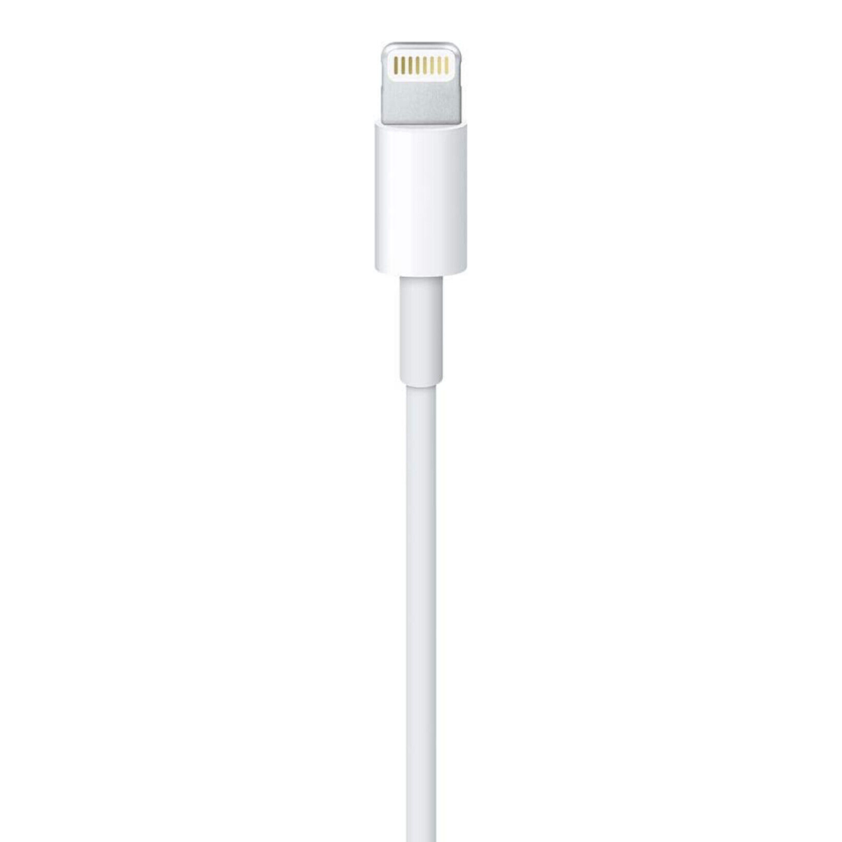 Ein weißes iPhone-Ladekabel mit weißem Stecker und weißem Kabel. Weißer Hintergrund.