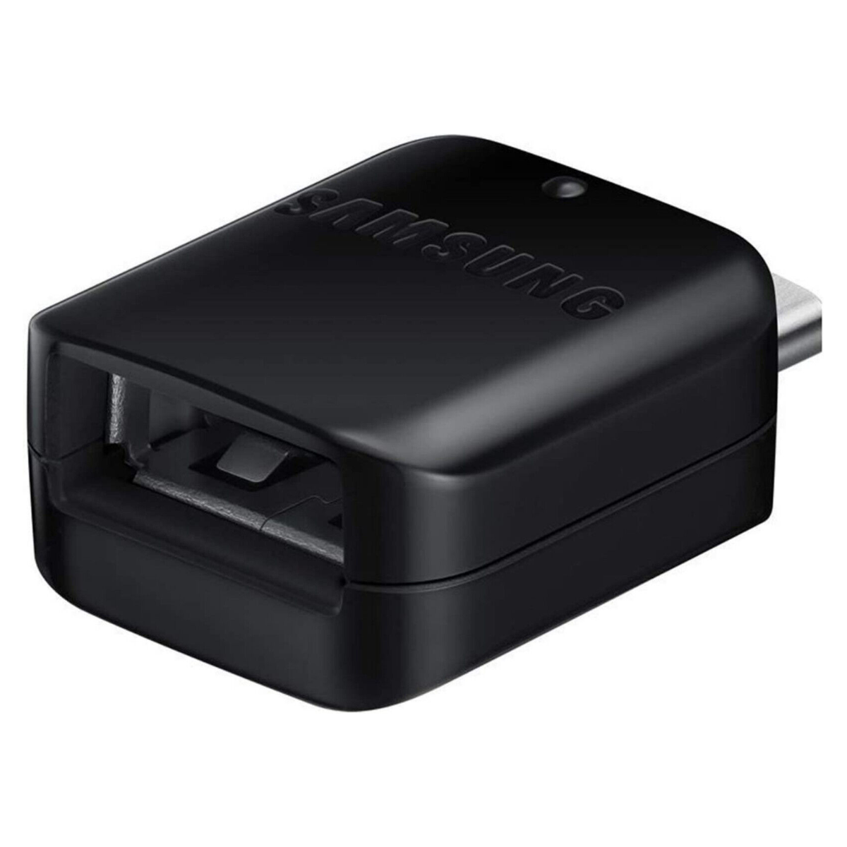 Ein schwarzer Samsung USB-zu-USB-C-Adapter mit Samsung-Logo, vor weißem Hintergrund.