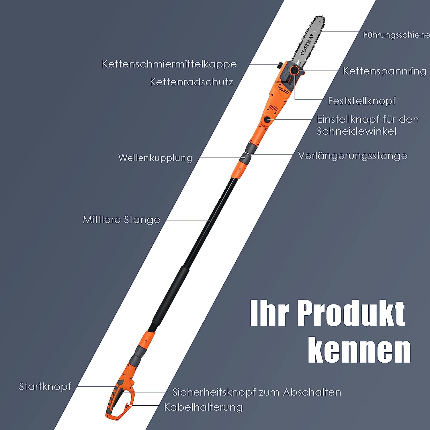 Stangensäge mit Etiketten für verschiedene Teile. Orange und schwarze Farben sind sichtbar.