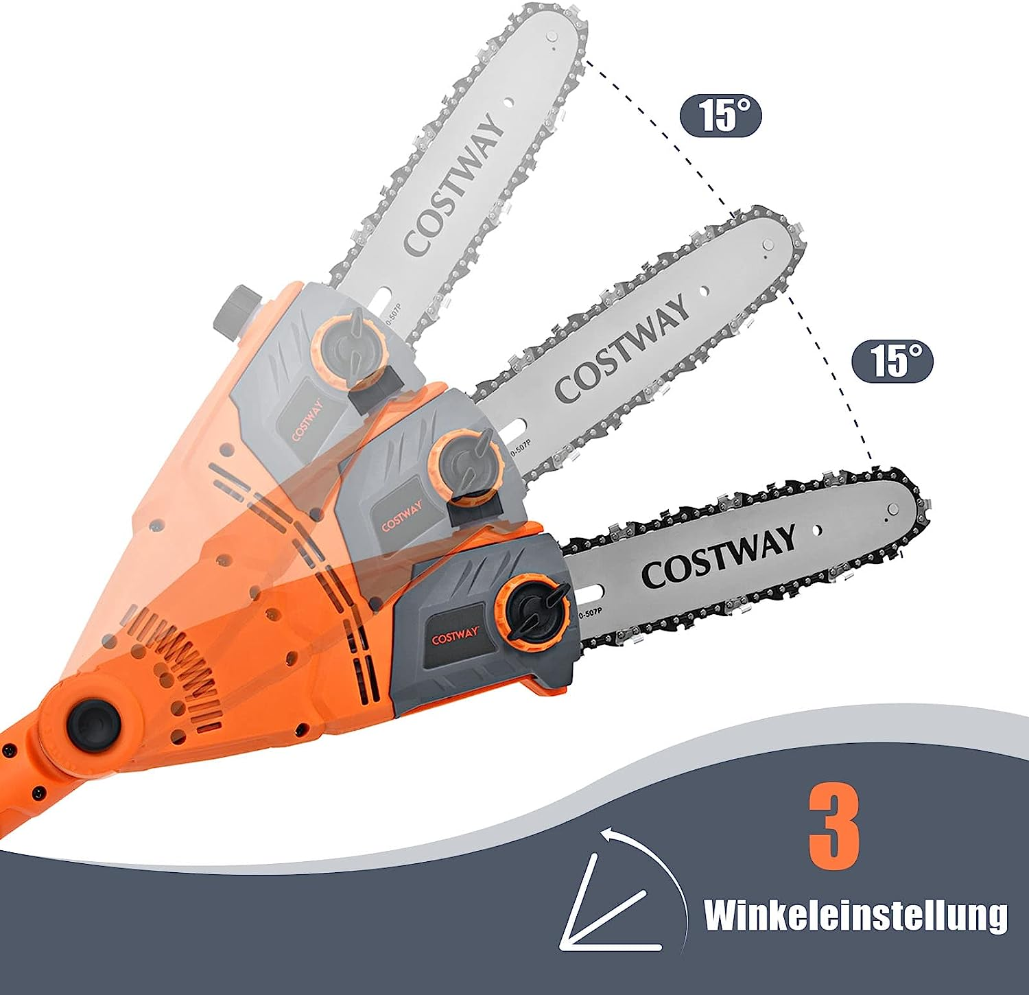 Kettensäge mit drei Winkeleinstellungen. Das Werkzeug ist orange und grau. Text zeigt Winkeleinstellungen.