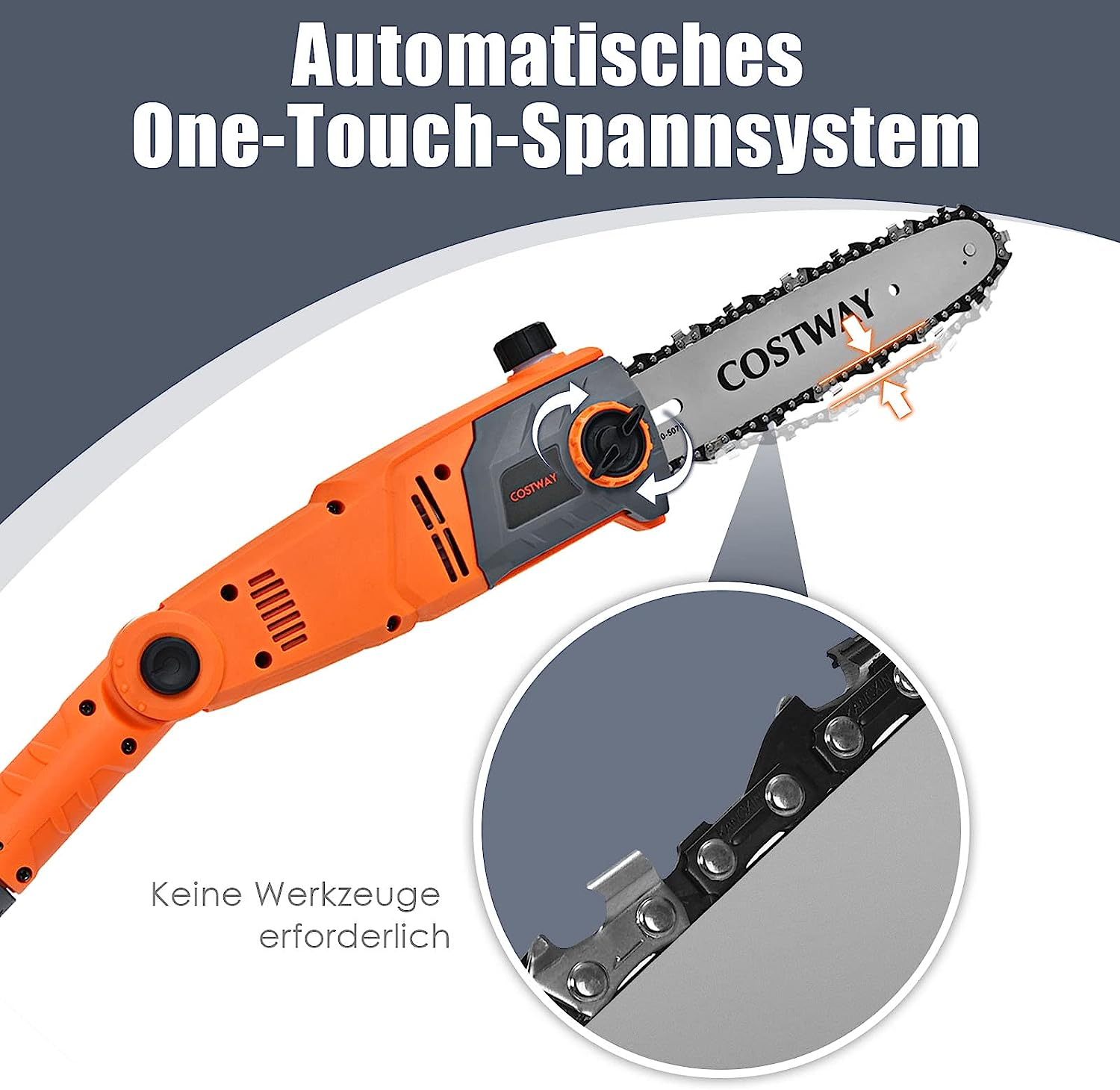 Eine orange-schwarze elektrische Kettensäge mit Nahaufnahmen.