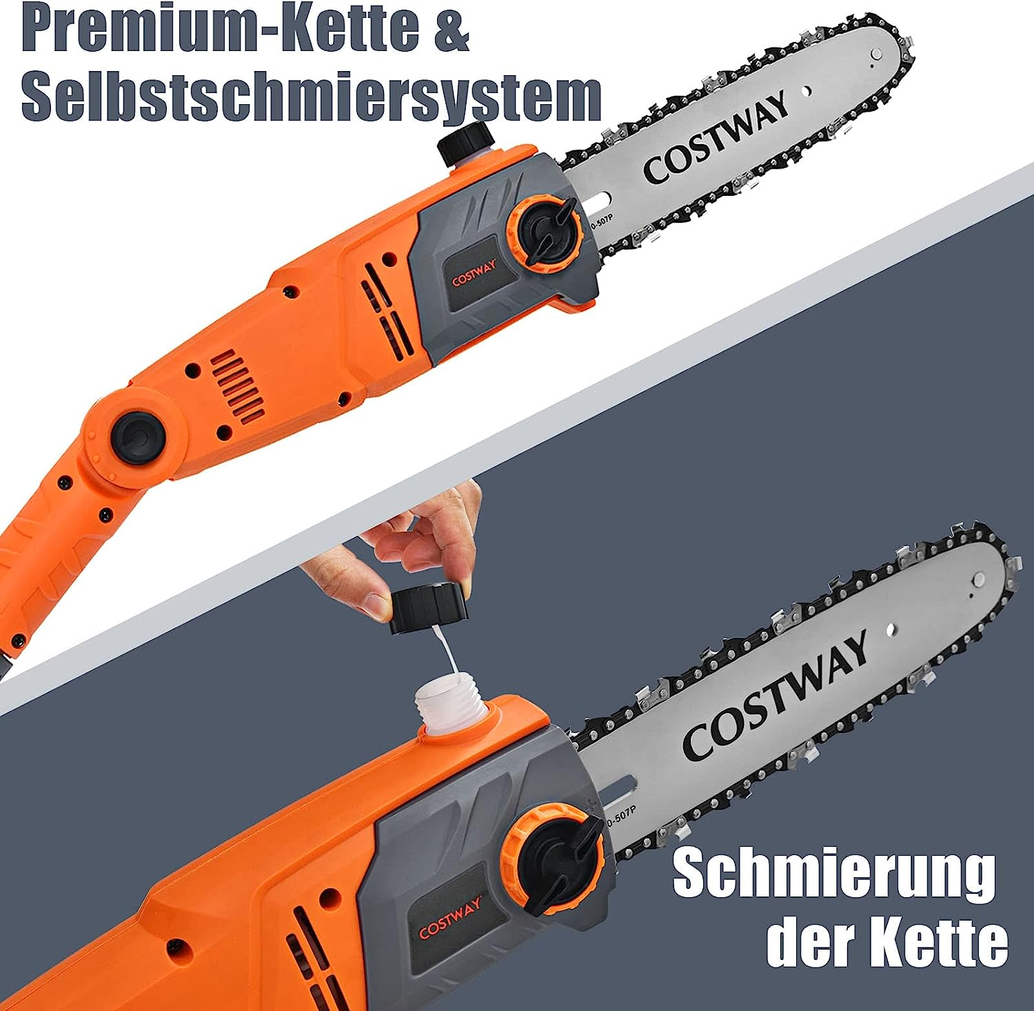 Eine orangefarbene und graue COSTWAY-Kettensäge mit Text und Nahaufnahme der Öleinfüllung.