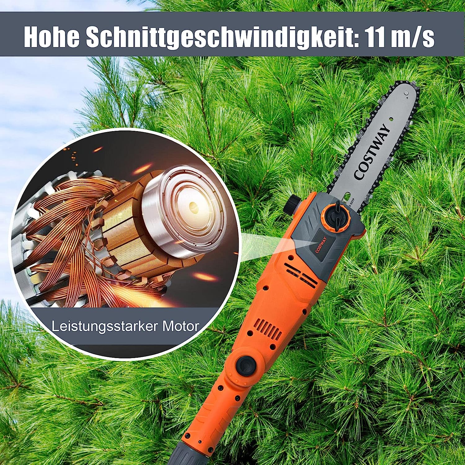 Orangefarbene Kettensäge, Motordetail-Inset, schneidet durch grünen Kiefernbaum-Hintergrund.