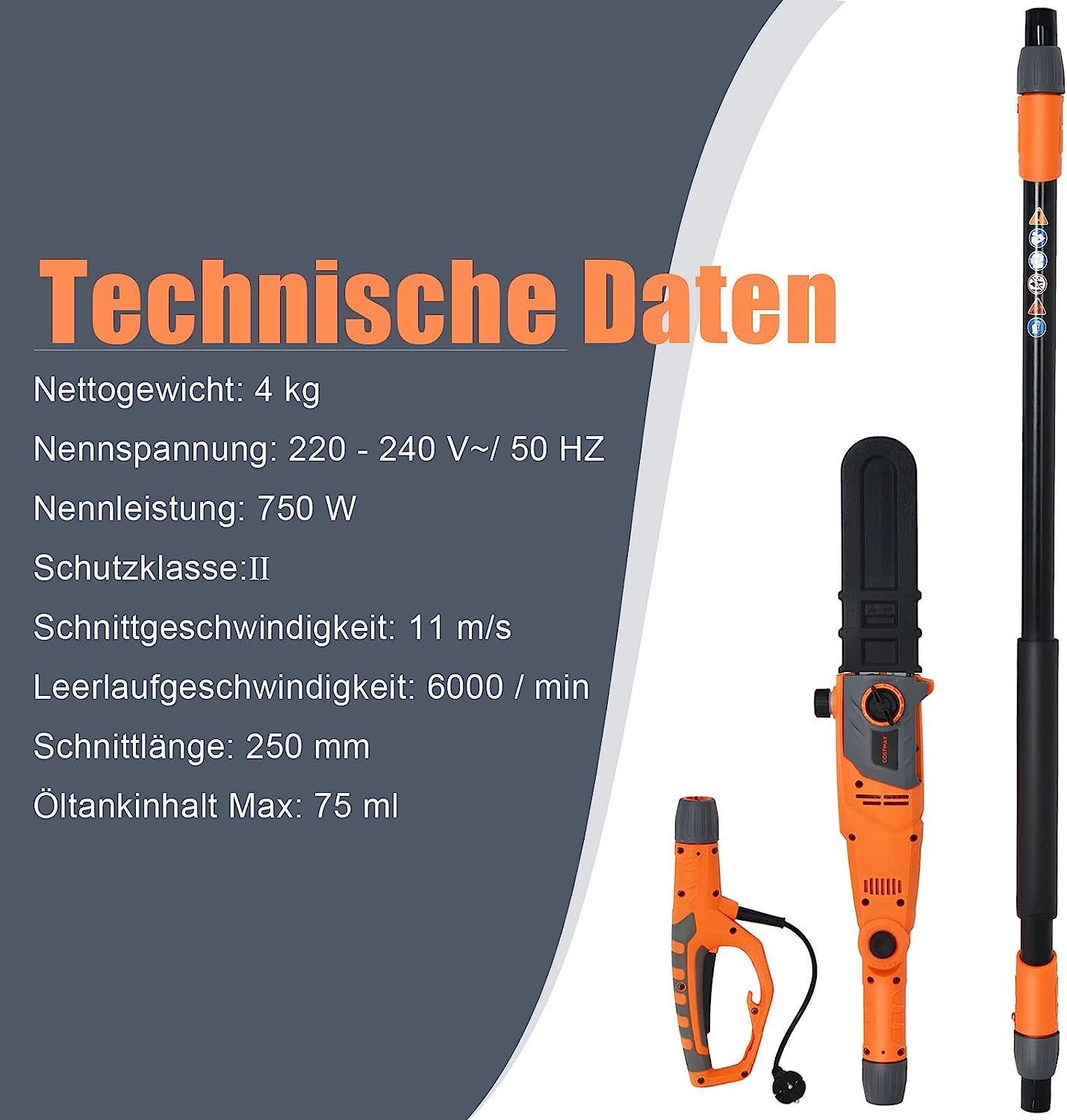 Eine orange-schwarze Stangensäge mit Spezifikationen links, die Gewicht, Spannung, Leistung und Schnittgeschwindigkeit zeigt.