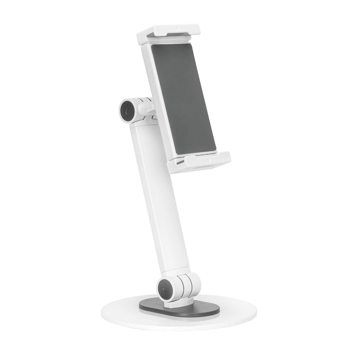 Support de tablette blanc, réglable, avec une tablette noire. Fond blanc.