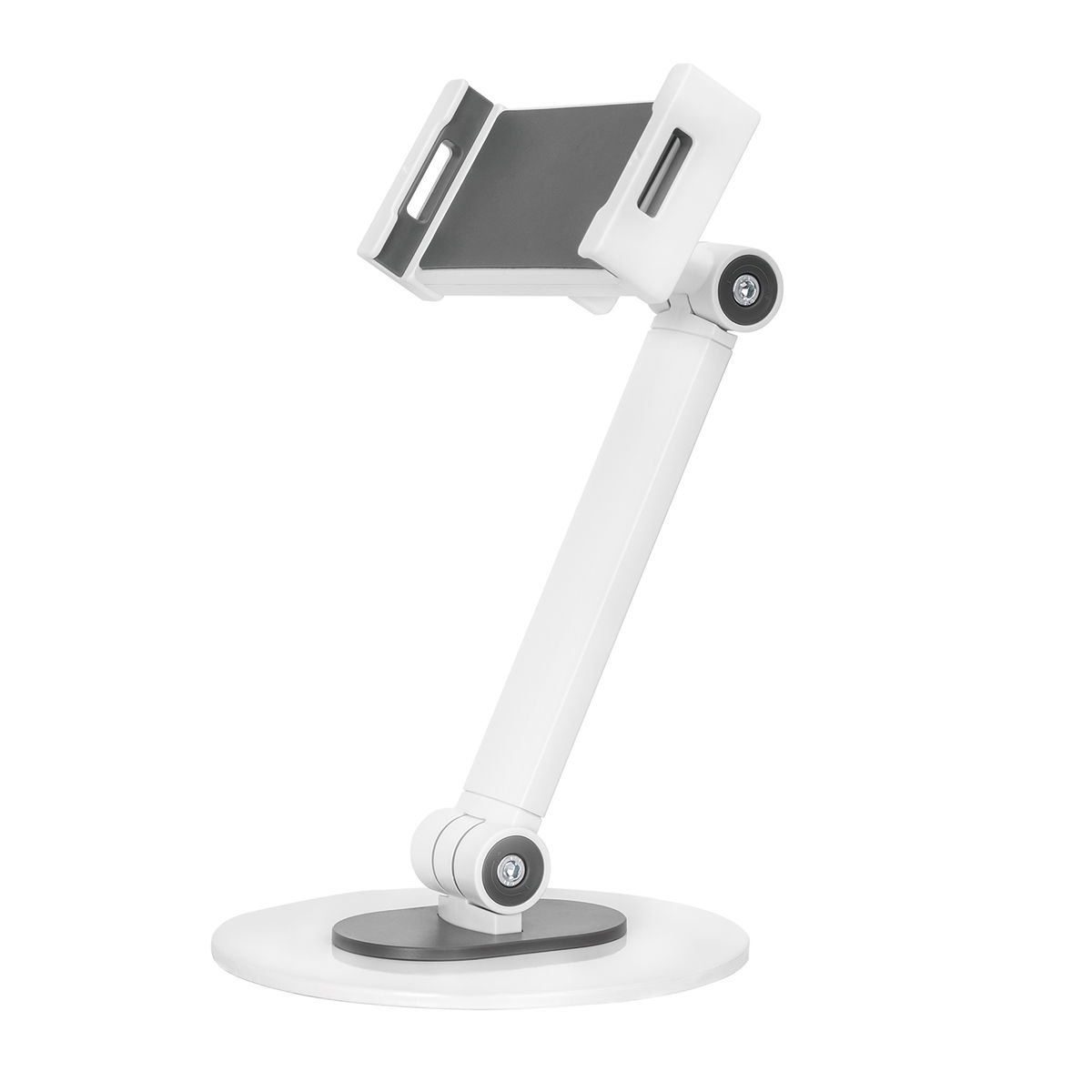 Un support de téléphone réglable blanc avec une base noire et un support de téléphone noir et gris.