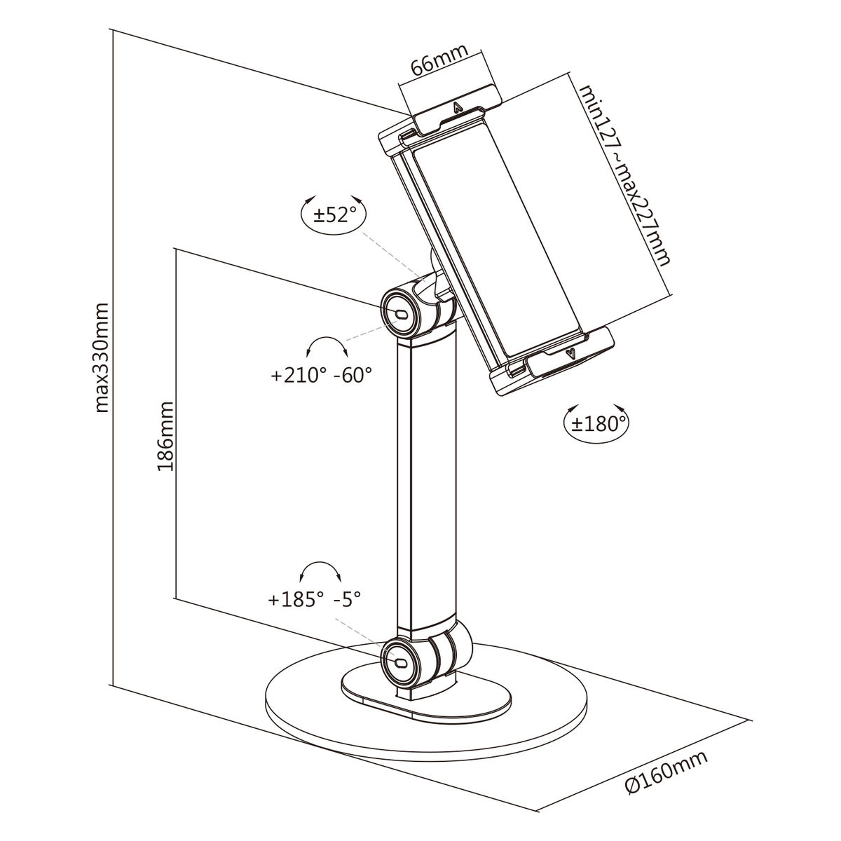 Dessin technique d'un support de tablette avec dimensions et angles de rotation étiquetés.