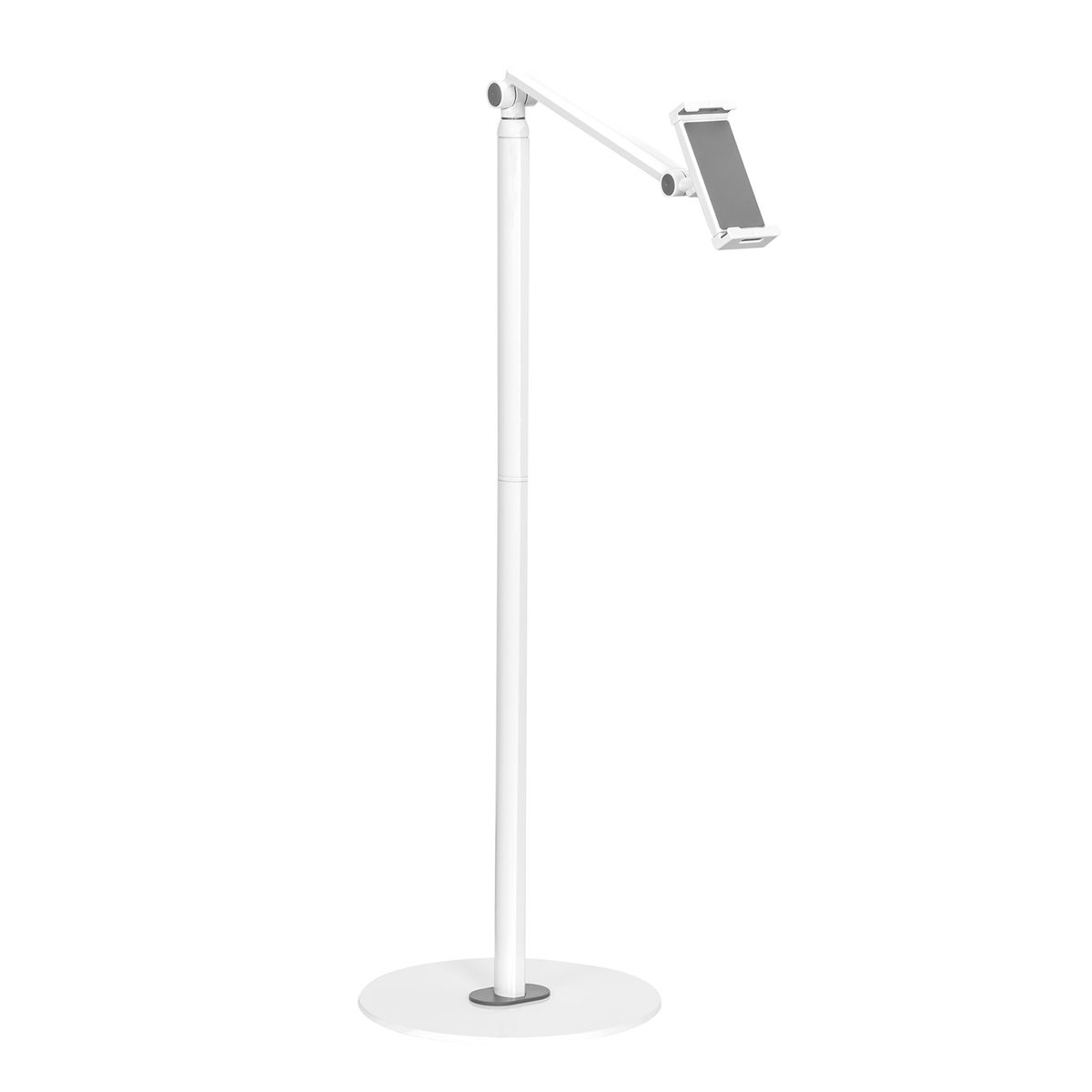 Un support de tablette blanc avec un bras réglable, tenant une tablette grise.