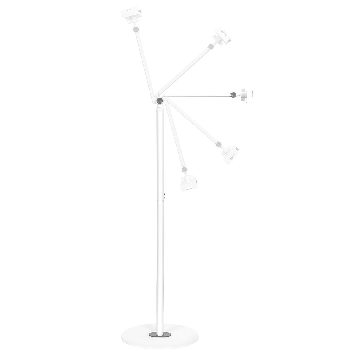 Un support blanc et réglable pour une tablette. Le support a une base ronde et un bras multi-articulé.