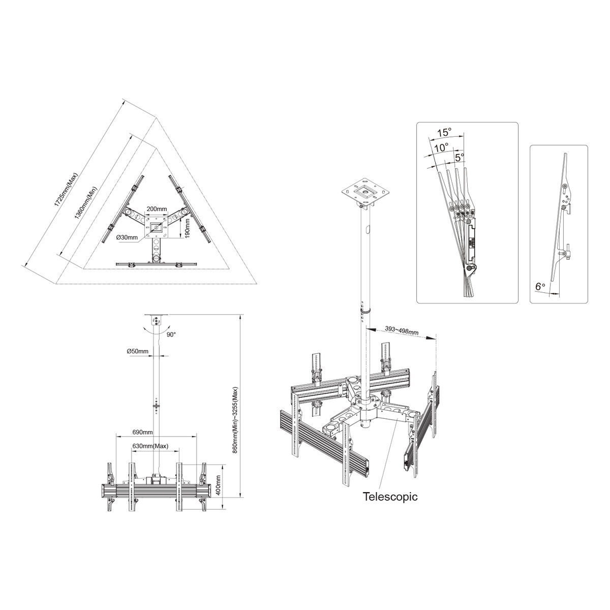 Technische tekening van een plafondbevestiging met afmetingen en hoeken.