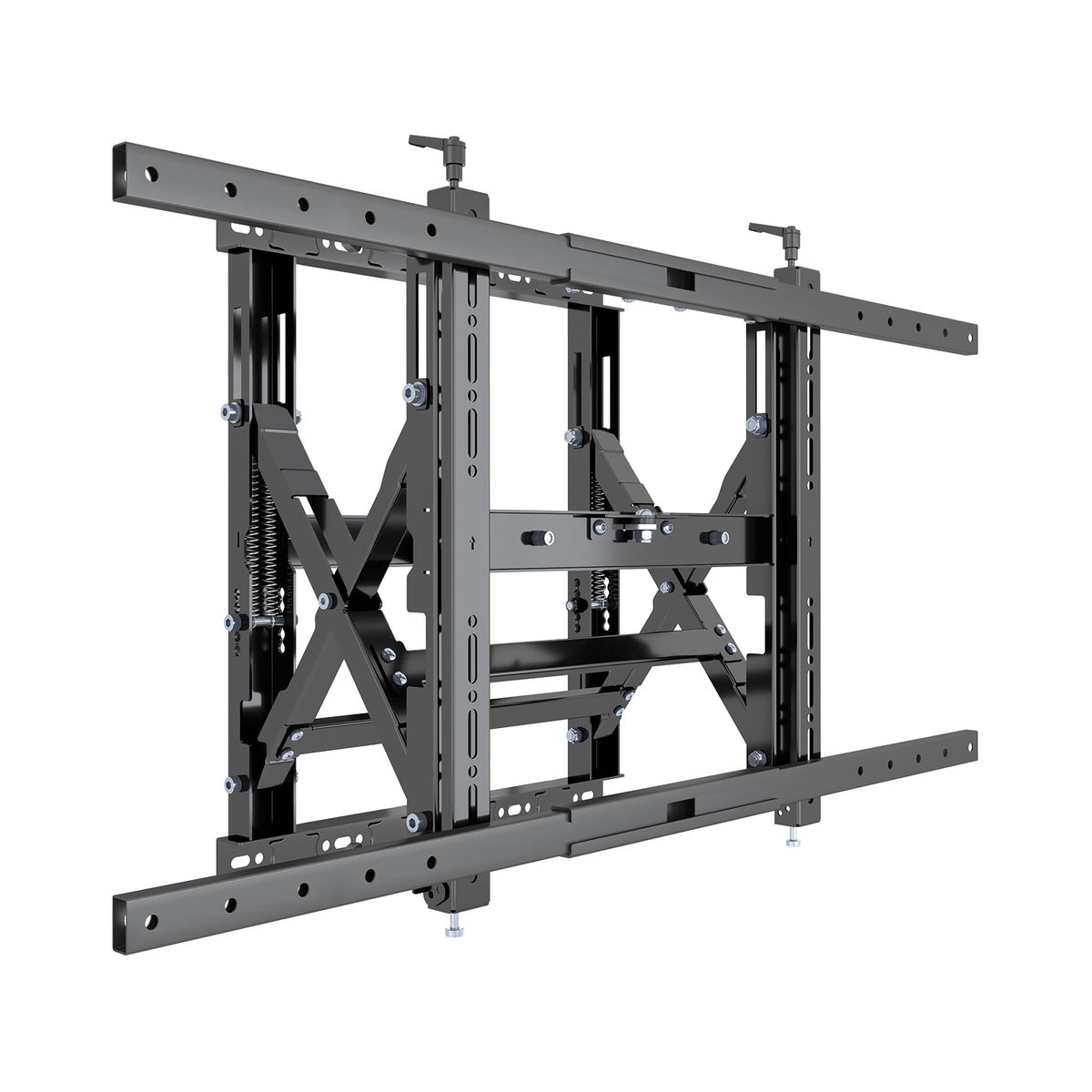 Een zwarte metalen tv-montagebeugel. Hij heeft meerdere verstelbare onderdelen en staat op een witte achtergrond.
