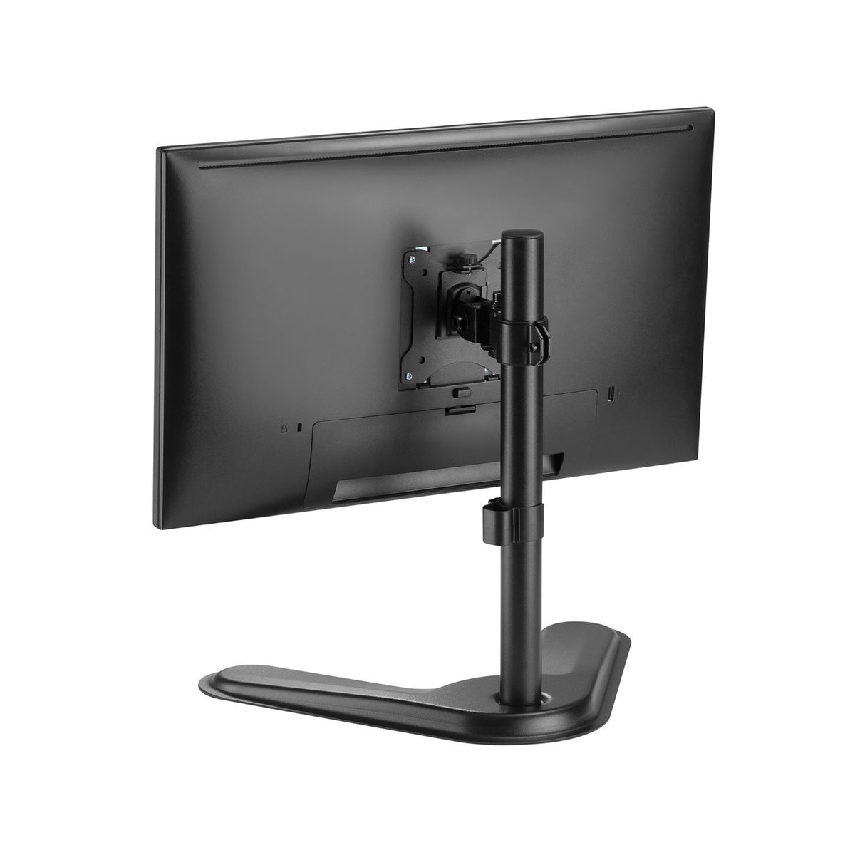 Een zwarte computermonitor gemonteerd op een zwarte standaard, van achteren bekeken, met het ontwerp van de standaard.