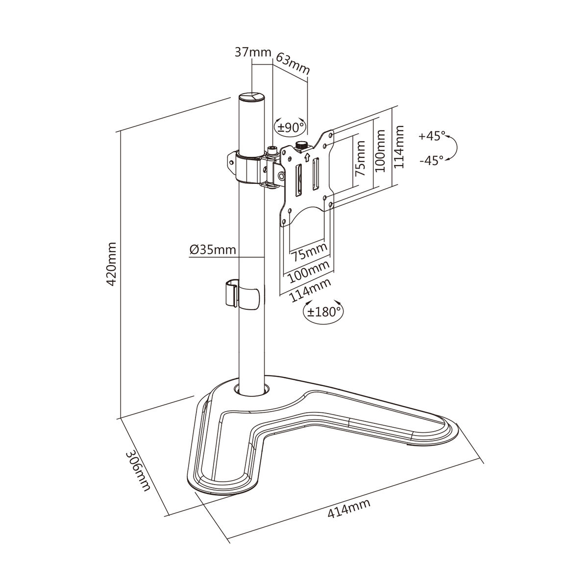 Een zwart-wit diagram van een monitorstandaard met afmetingen en hoeken gemarkeerd.