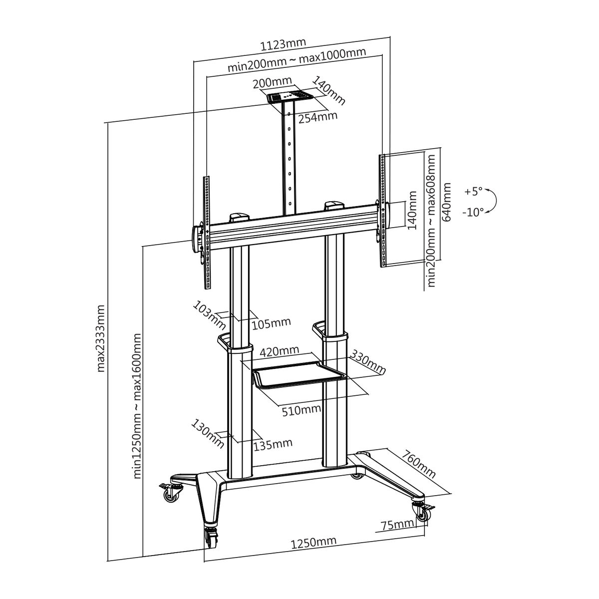 Technische tekening van een tv-standaard met afmetingen en maten.