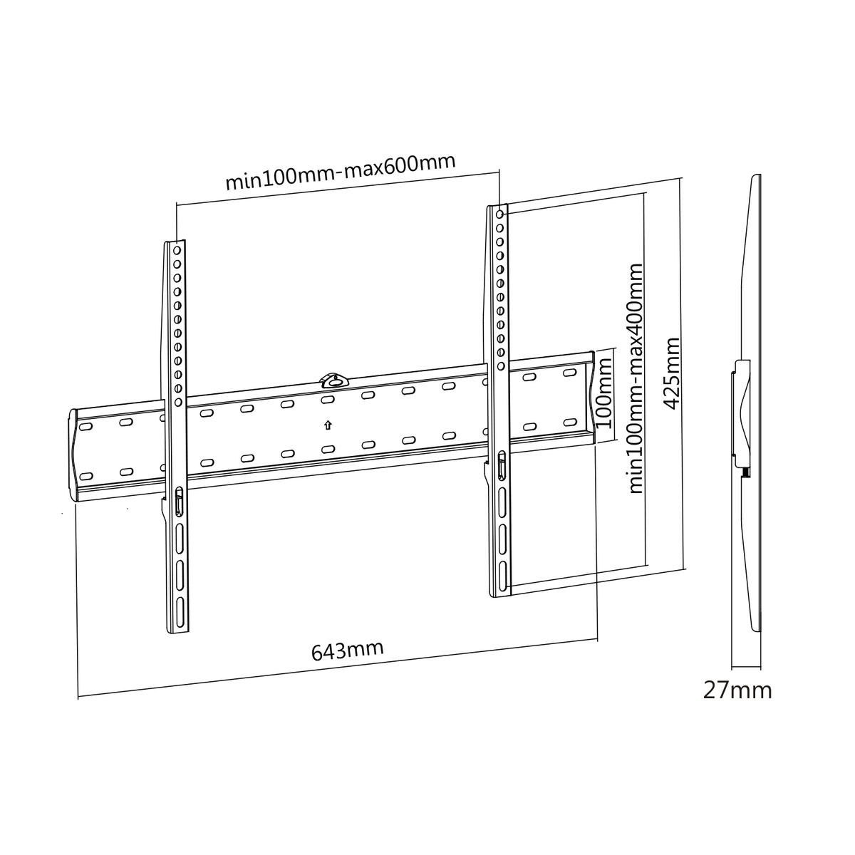 Diagrama en blanco y negro de un soporte de pared para TV con medidas.