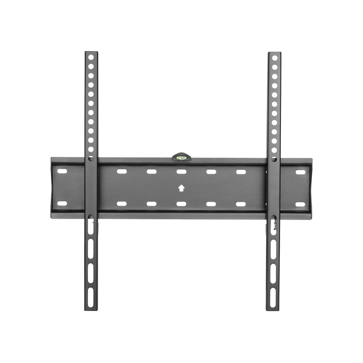Black metal TV wall mount on white background. It has vertical and horizontal bars with holes.