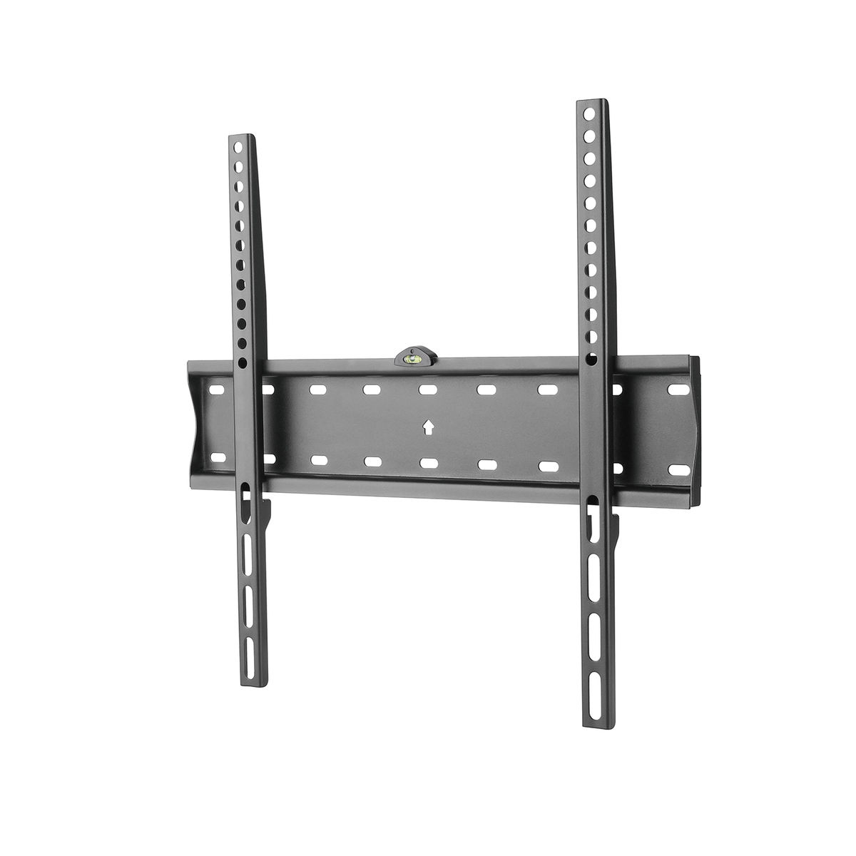 A black TV mount with vertical rails and a horizontal bar, designed for wall mounting.