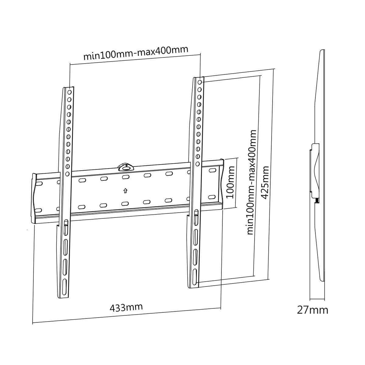 Diagram of a TV mount with dimensions in mm.