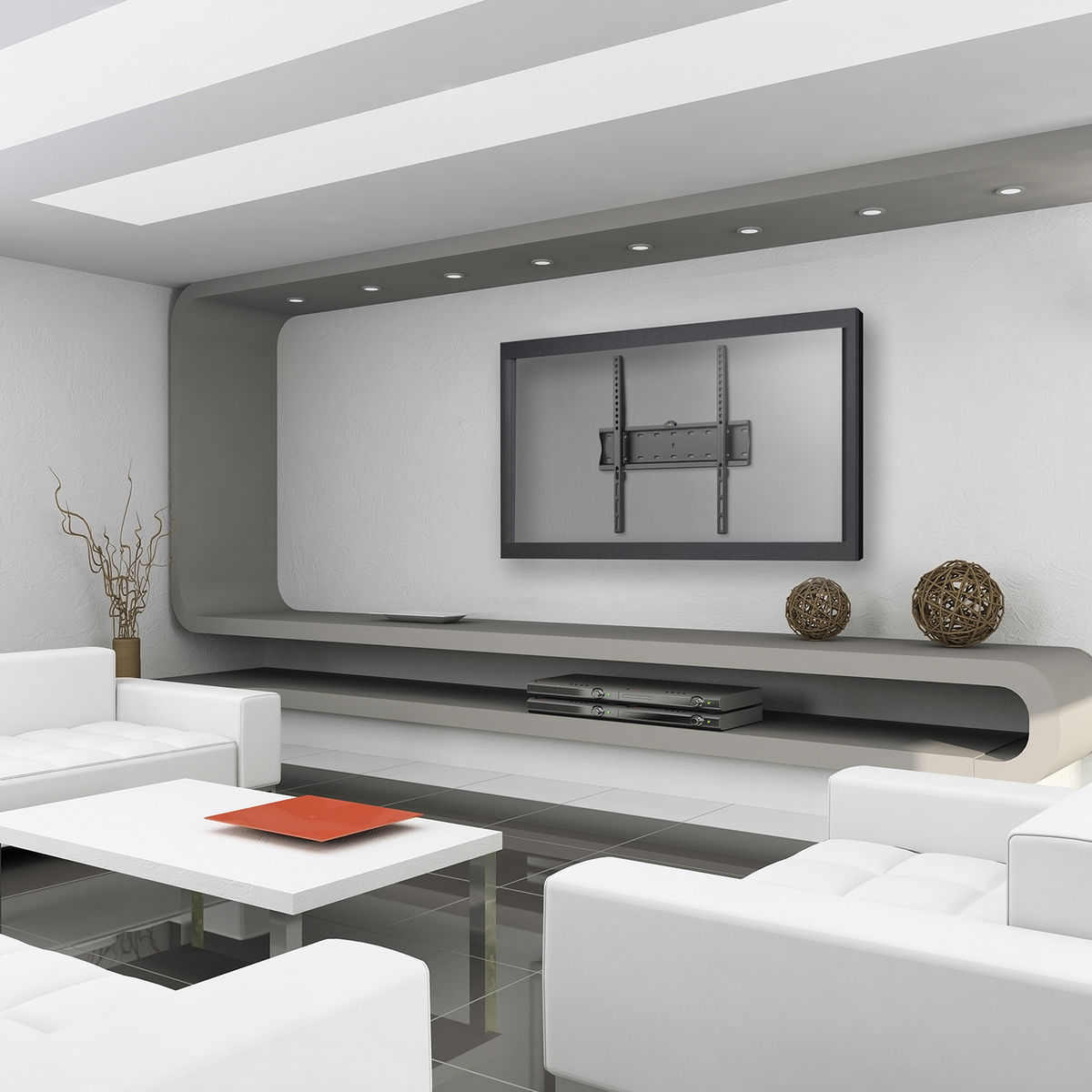 Modern living room with a mounted TV. White couches and a coffee table are in the foreground. Decor items visible.