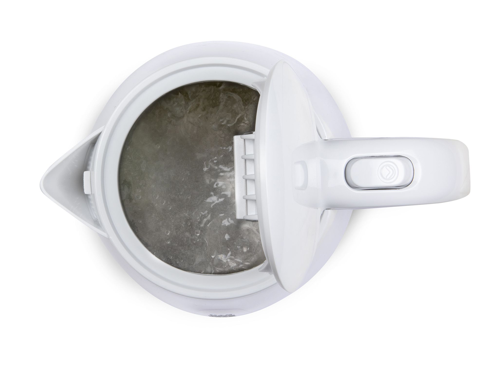 Un bollitore elettrico bianco, vista dall'alto, con acqua bollente all'interno.