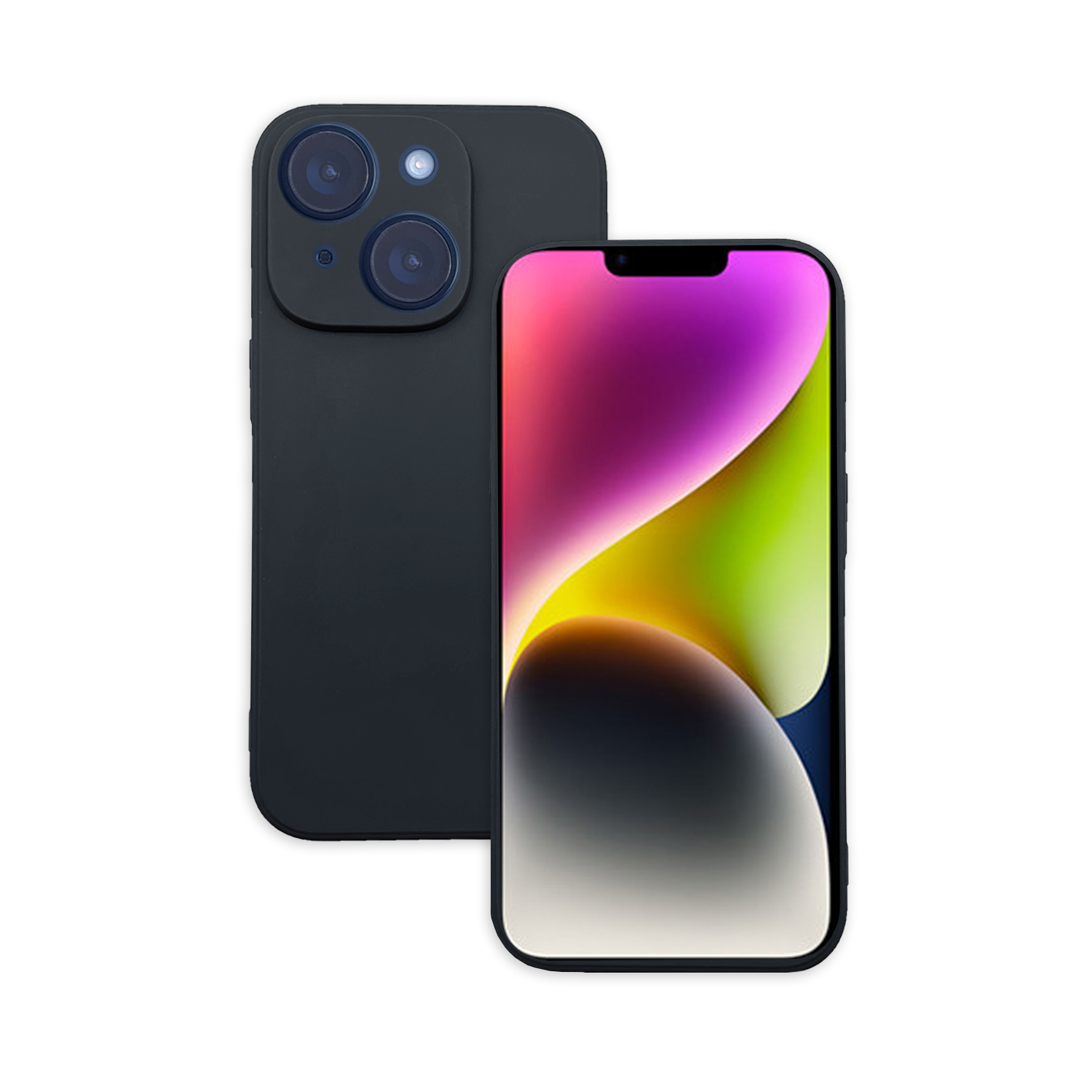 Ein dunkelblaues iPhone mit Dreifach-Kamera und hellem Display mit farbenfrohen Grafiken.