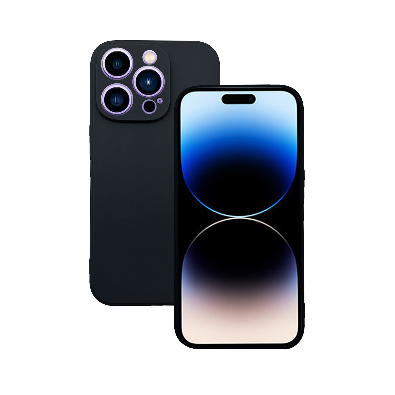 Zwei Smartphones: eines schwarz mit Kameramodul, das andere mit eingeschaltetem Bildschirm und Farbverlauf.