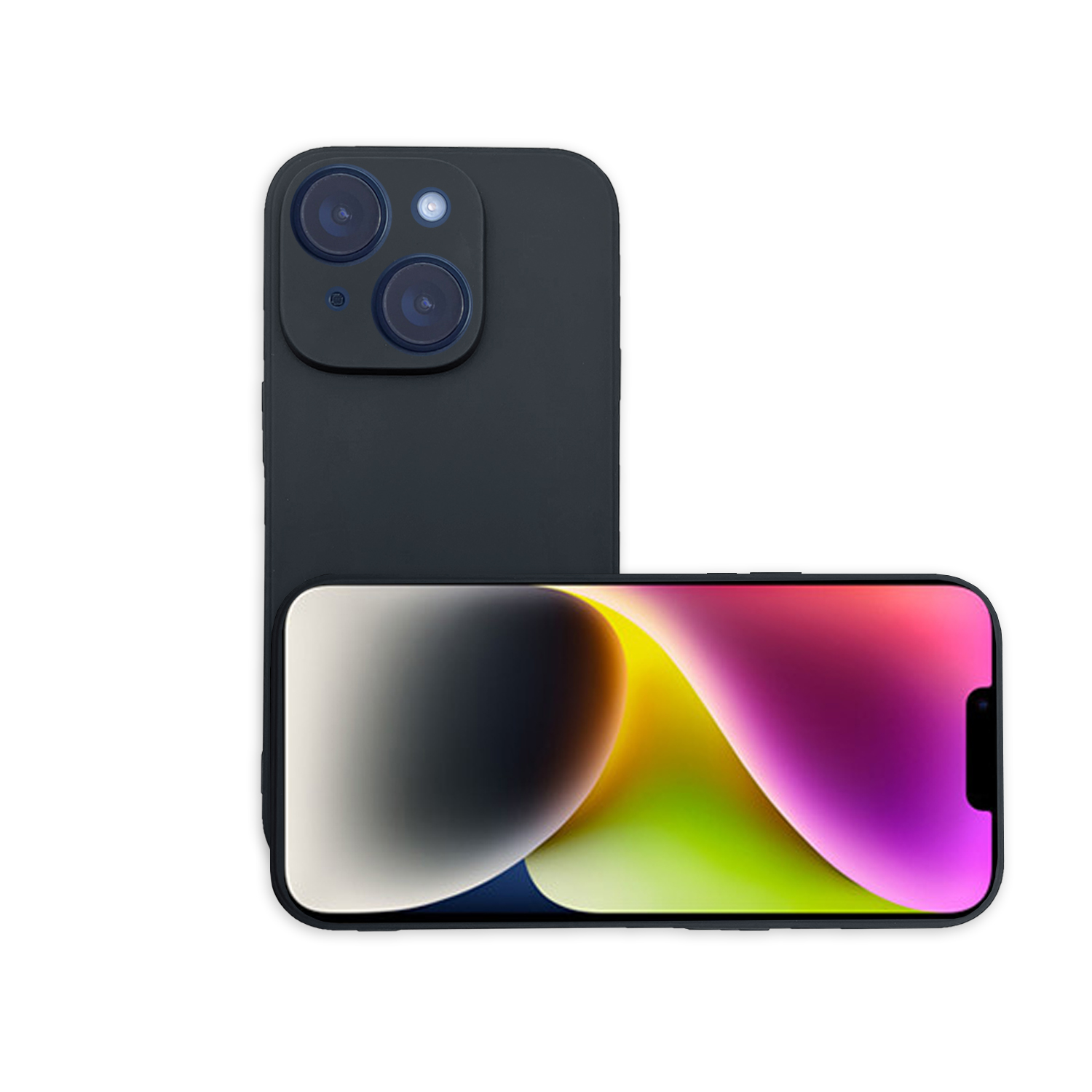 Schwarzes iPhone mit Dual-Kameras, Bildschirm an, farbenfrohe Anzeige.