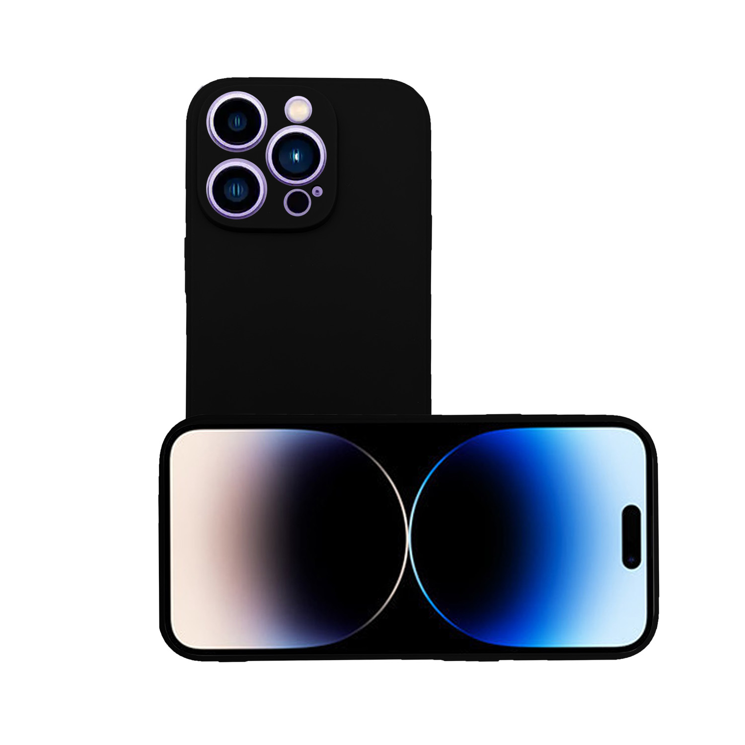 Ein schwarzes iPhone mit Dreifachkamera, abgewinkelt, um Rückseite und Bildschirm zu zeigen.