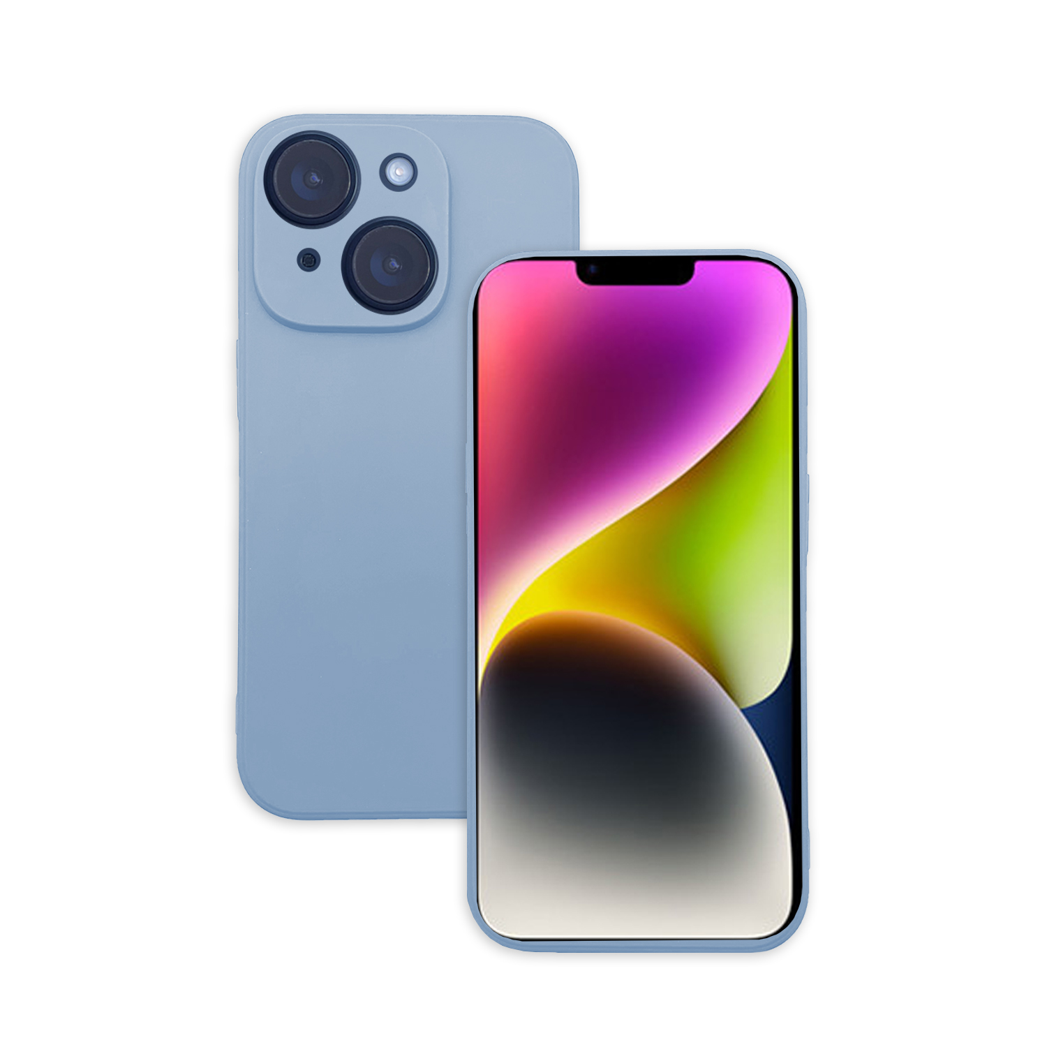 Zwei iPhones, eines mit Bildschirm mit bunten Grafiken, das andere blau, mit Kamera.