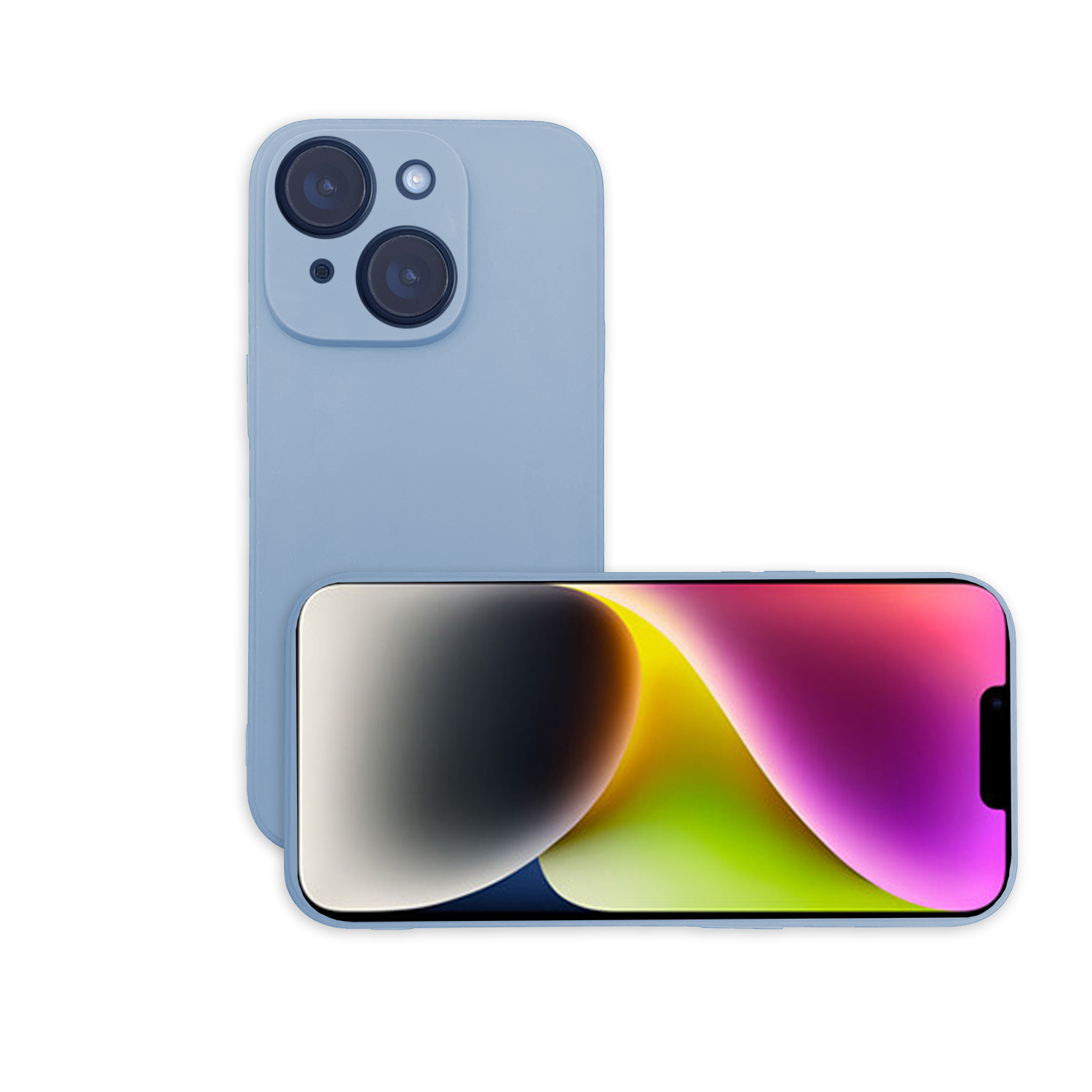 Blaues iPhone mit Dreifach-Kamera auf der Rückseite und einem Bildschirm mit Farbverlauf.
