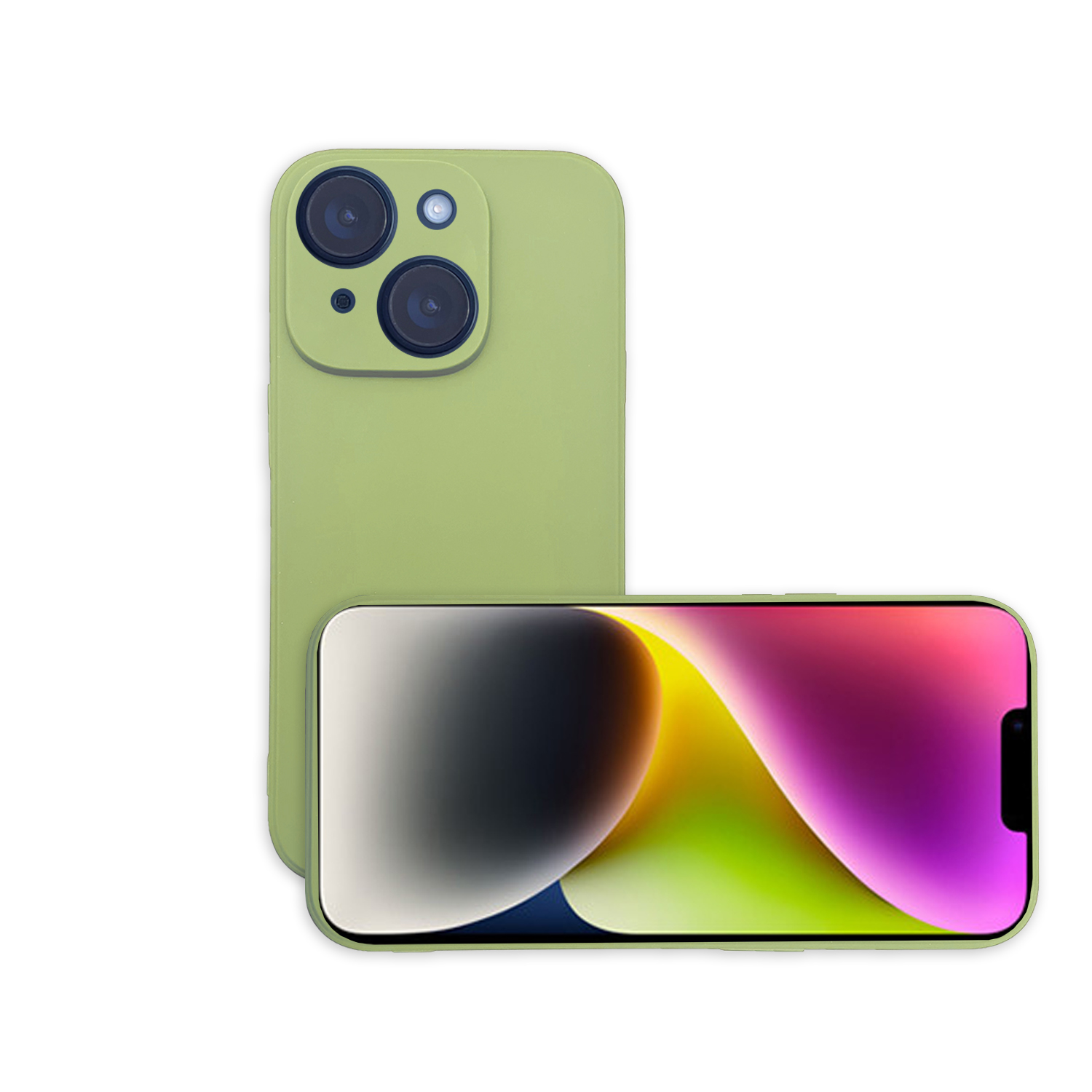Ein grünes Telefon mit zwei Kameras auf der Rückseite, horizontal auf weißem Untergrund.