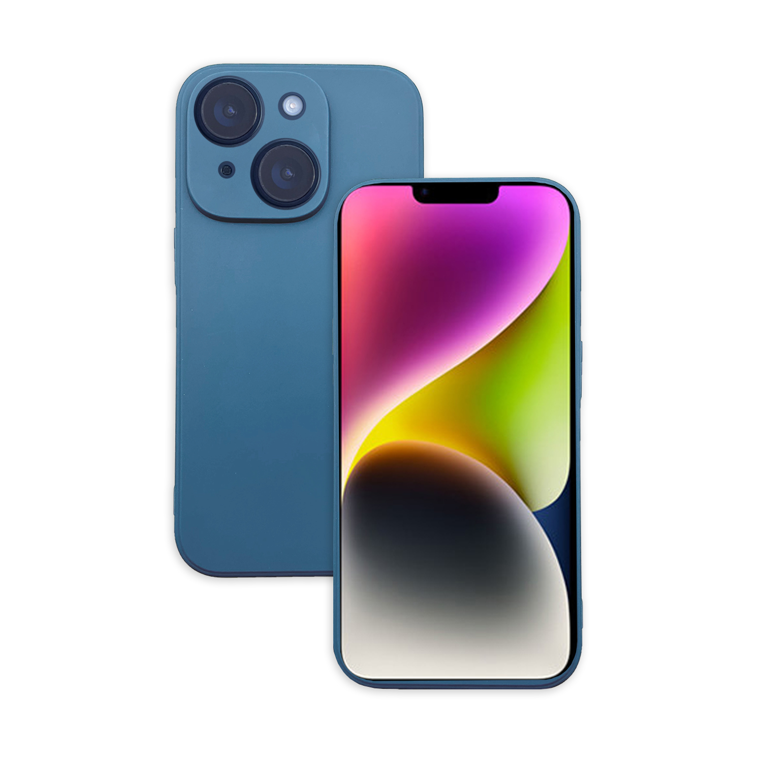 Blaues Telefon, Rückansicht, mit Kameramodul und Vorderansicht des Telefons.