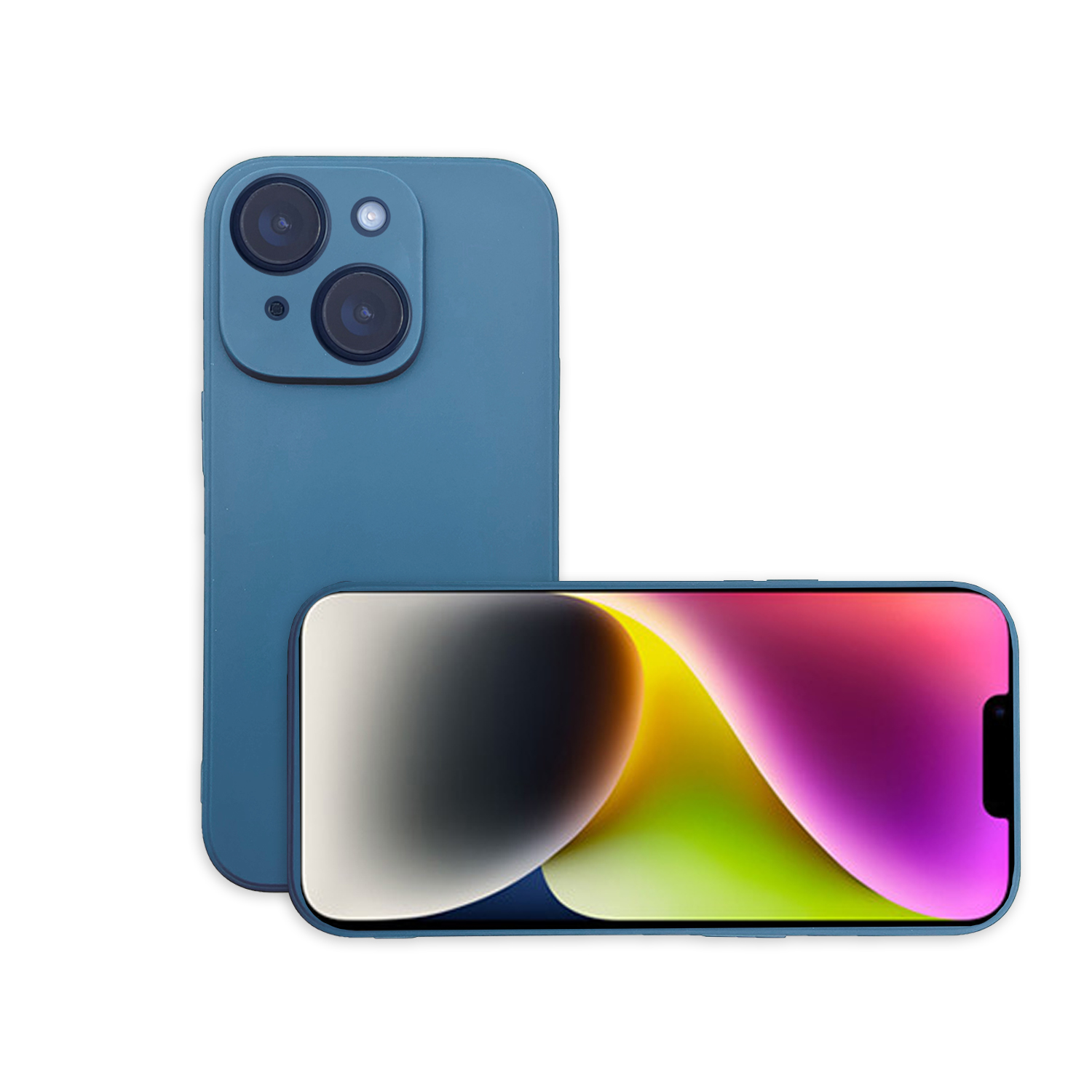 Blaues Smartphone mit zwei Rückkameras links und dem Bildschirm rechts.