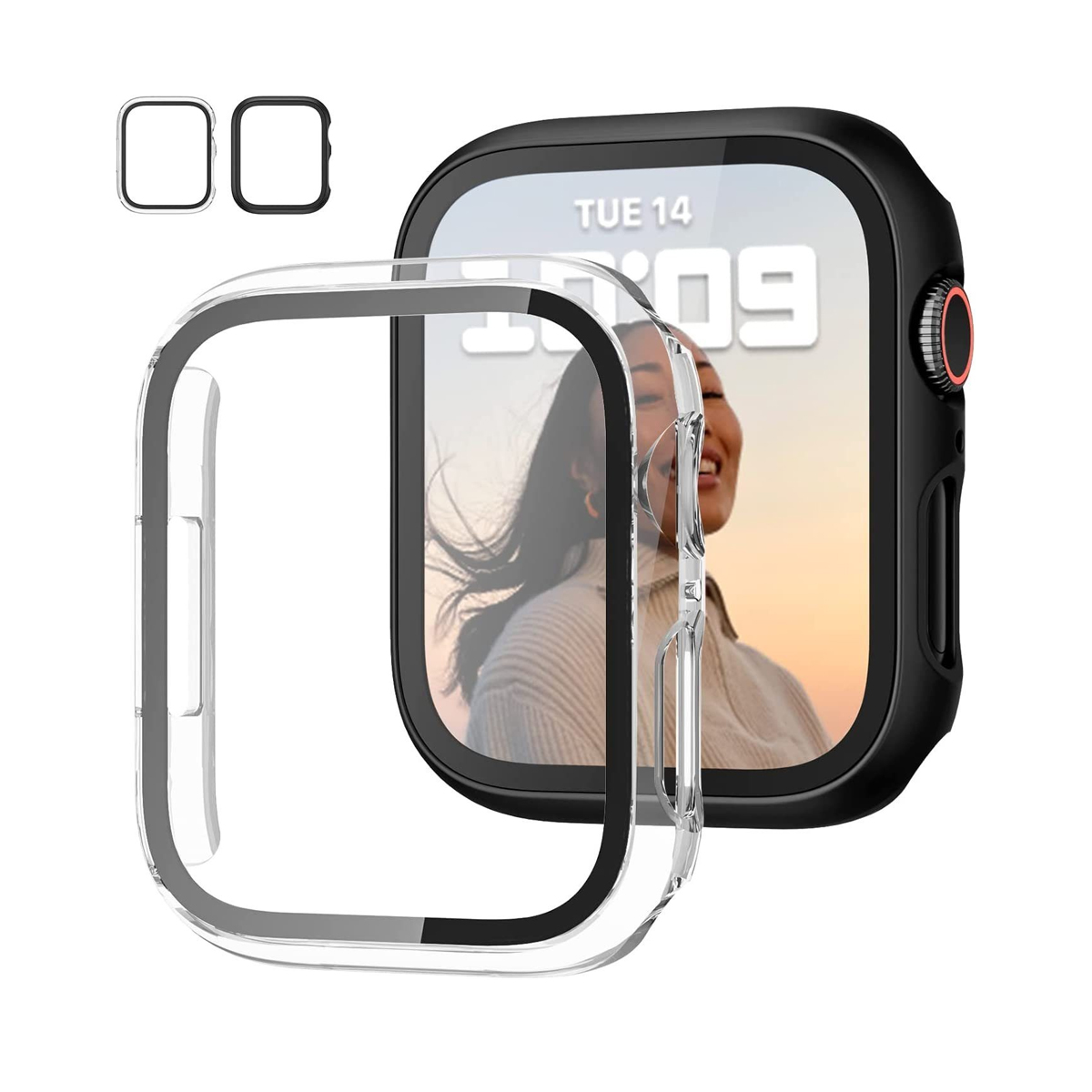 Schwarzes Apple Watch Gehäuse mit klarem Displayschutz.