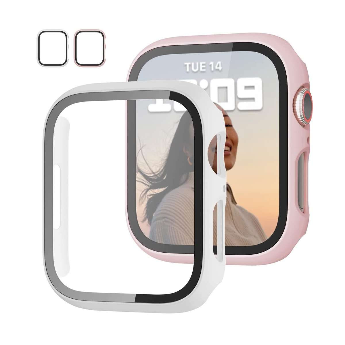Eine rosa Apple Watch mit einem transparenten Bildschirmschutz. Das Zifferblatt zeigt das Gesicht einer Person.