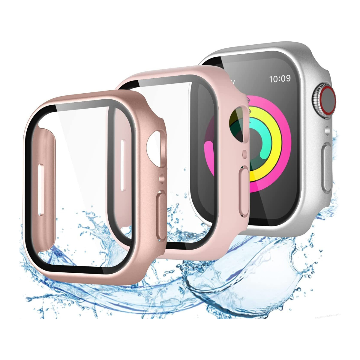 Uhrengehäuseschutz, rosa und silber, gestapelt. Klare Displayschutzfolie. Wassertropfen.