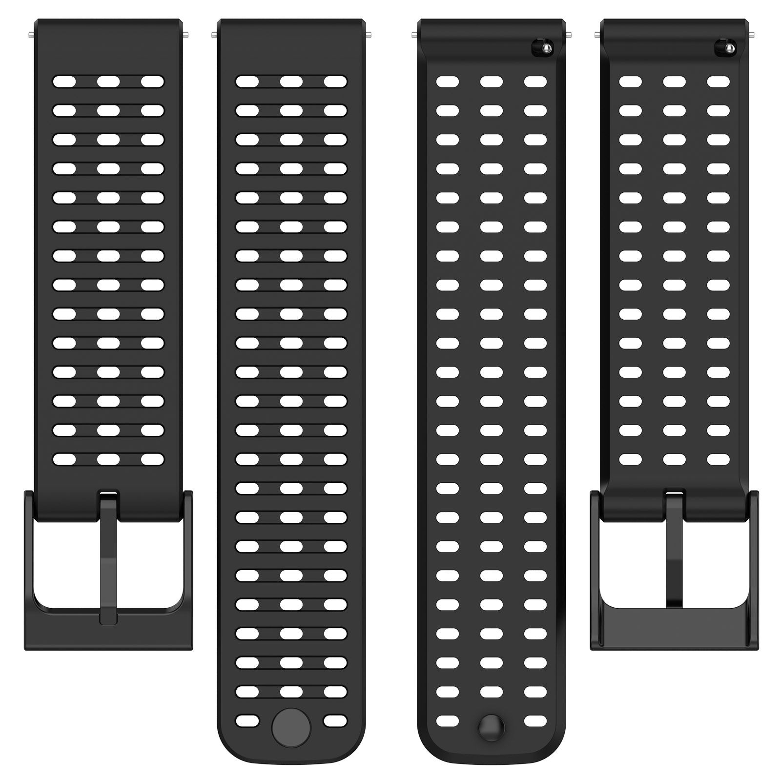 Vier schwarze Smartwatch-Armbänder mit Schnallen. Die Armbänder haben Perforationen und einen Knopf.