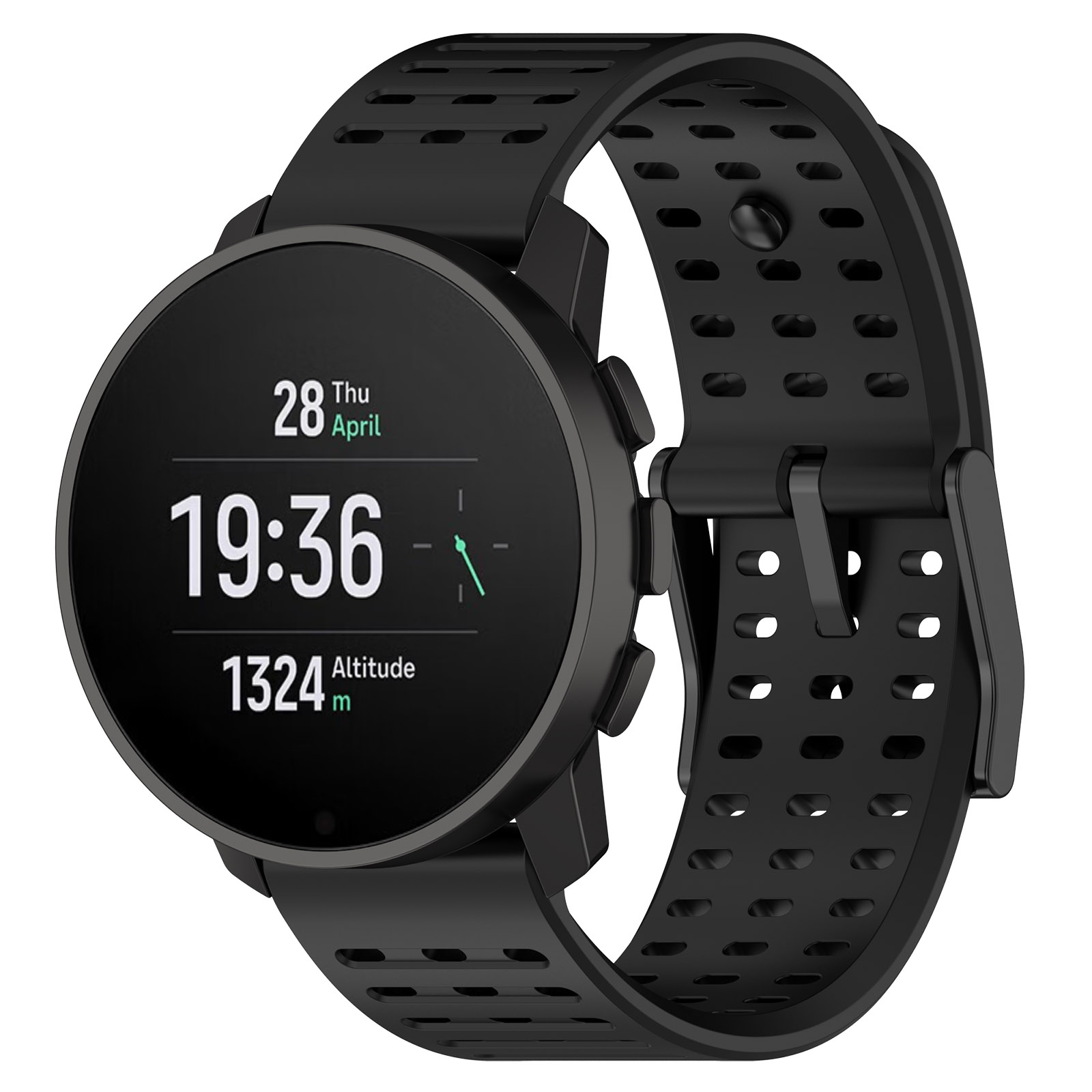 Schwarze Smartwatch mit Datum, Uhrzeit und Höhe. Hat schwarzes Band mit Löchern.