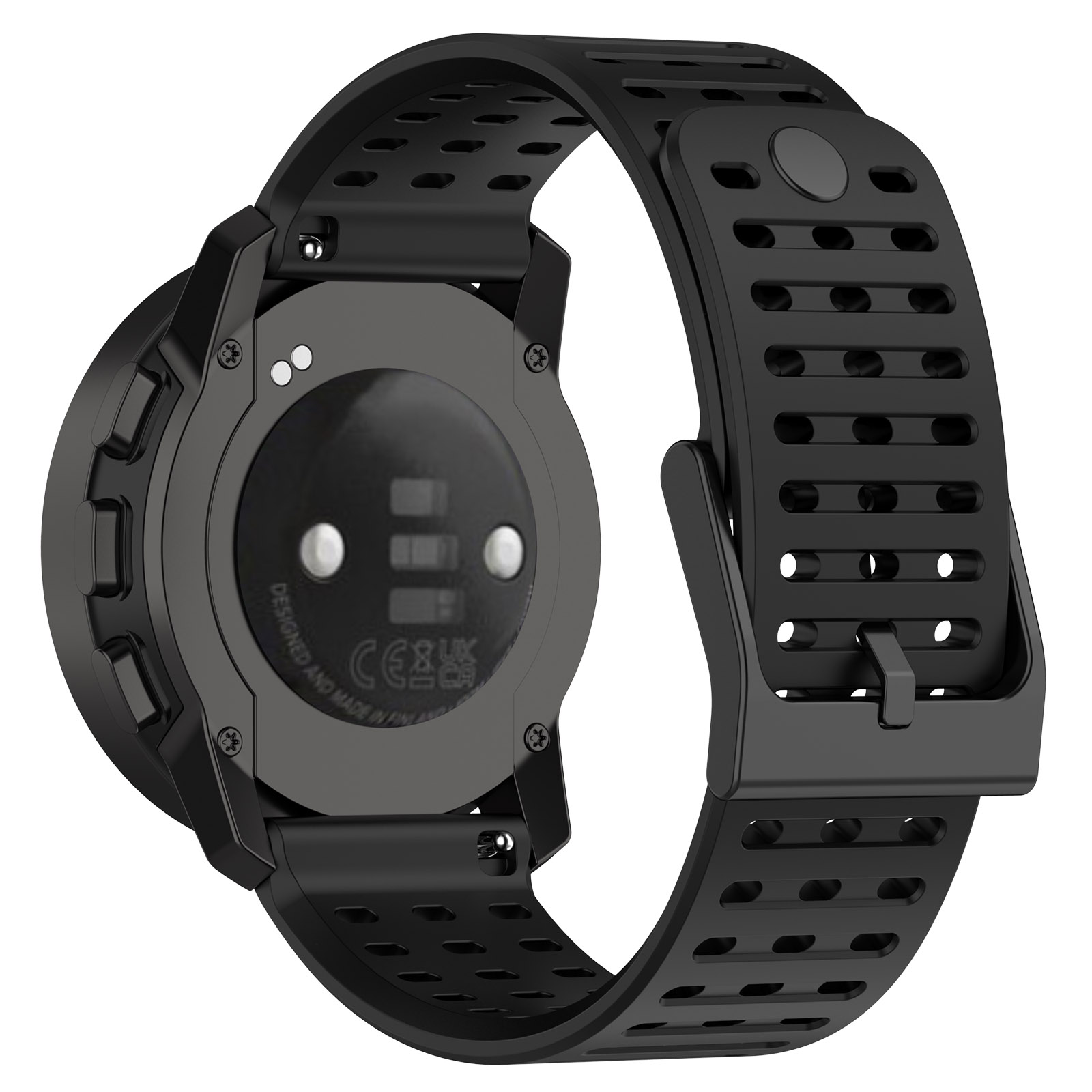 Schwarze Smartwatch mit Armband, die Rückseite zeigt Herzfrequenzsensor und Bandanschluss.