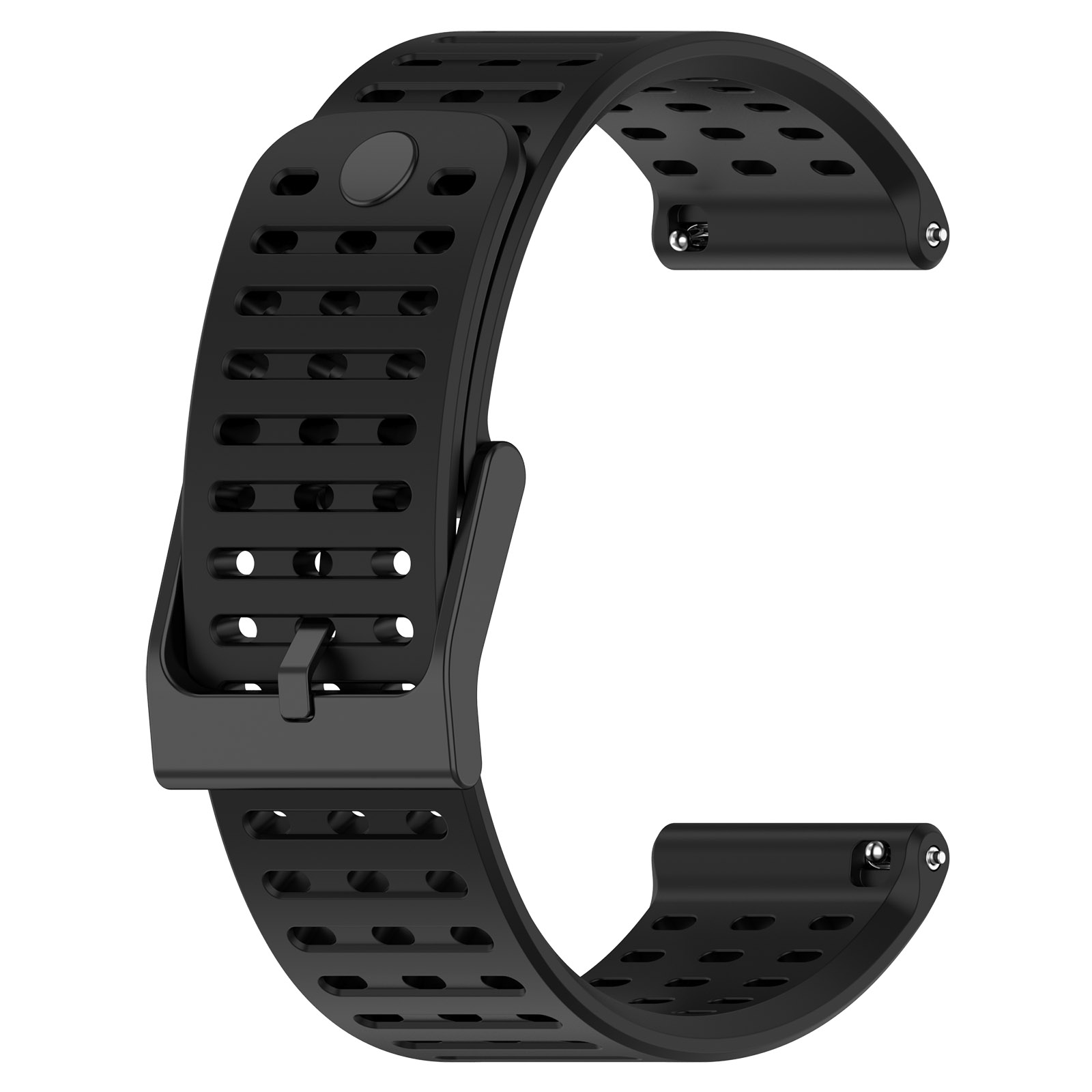 Ein schwarzes Uhrenarmband mit Löchern und einer Schnalle. Das Armband ist gebogen und hat eine schwarze Schnalle.