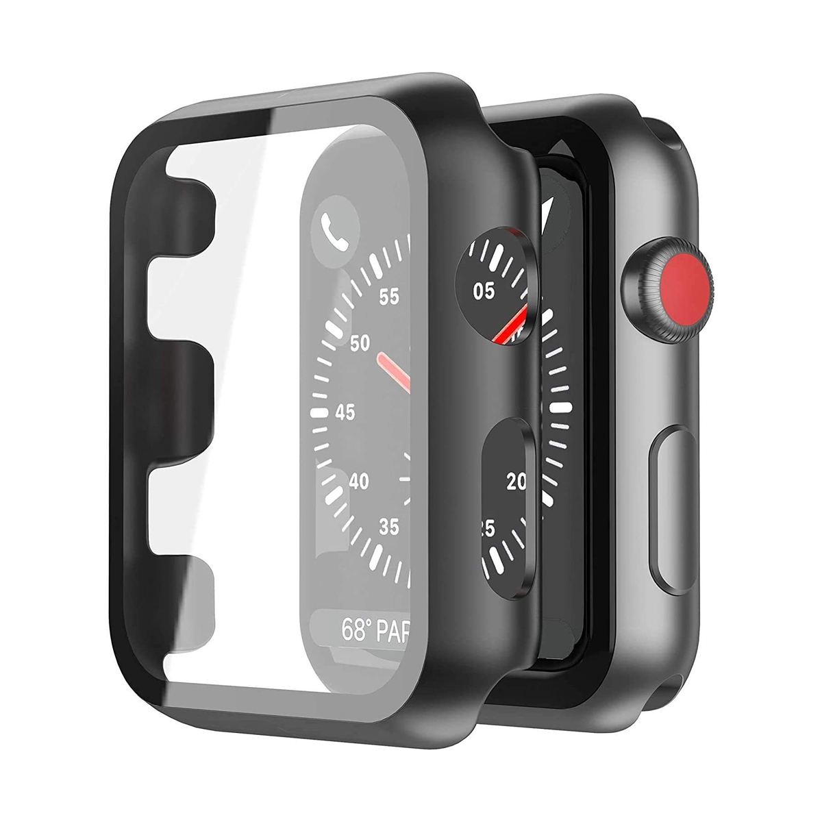 Schwarze Apple Watch Schutzhülle, zeigt das Zifferblatt und die Seite mit der Taste.