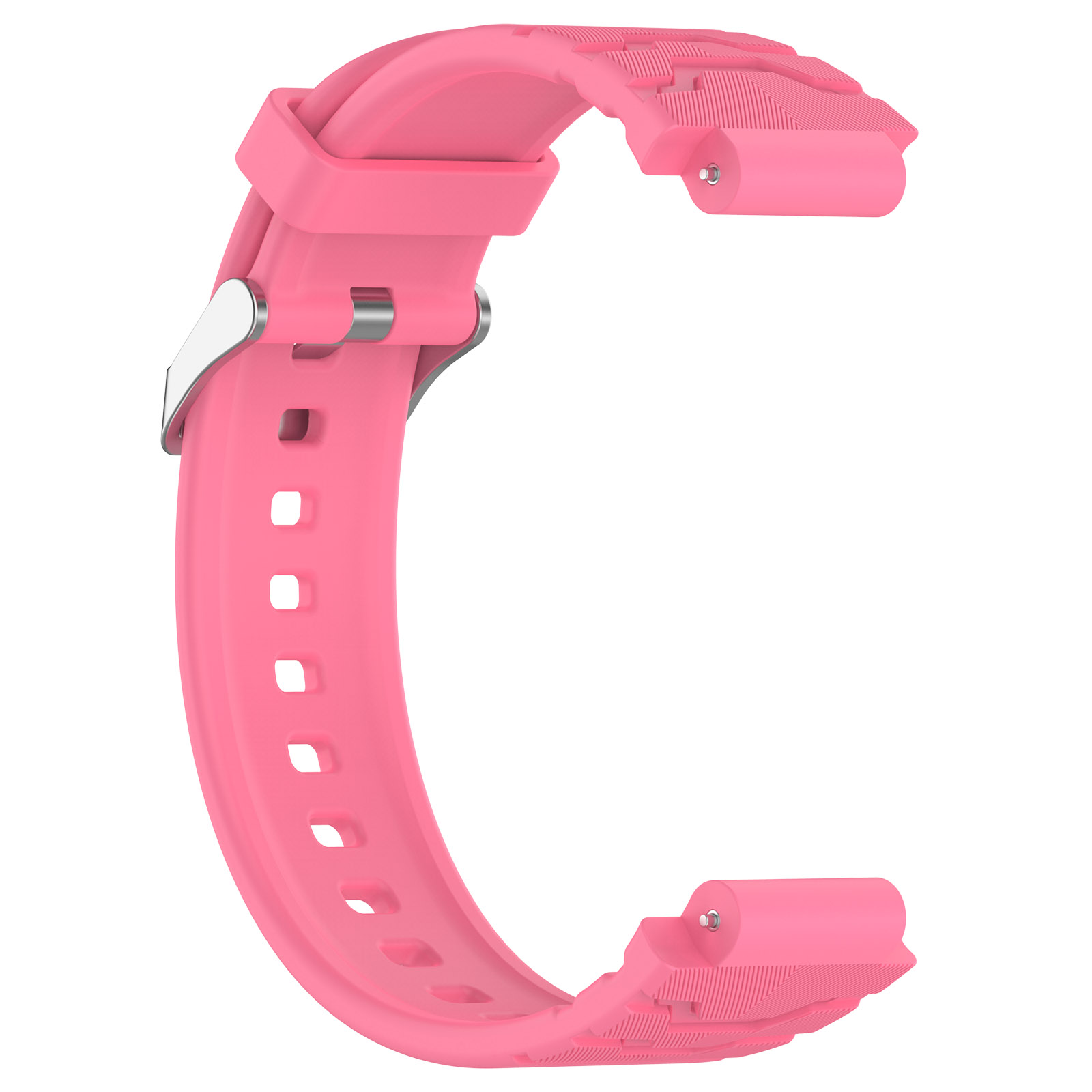 Rosa Uhrenarmband mit silberner Schnalle, geschwungener Form und strukturierter Oberfläche, isoliert.