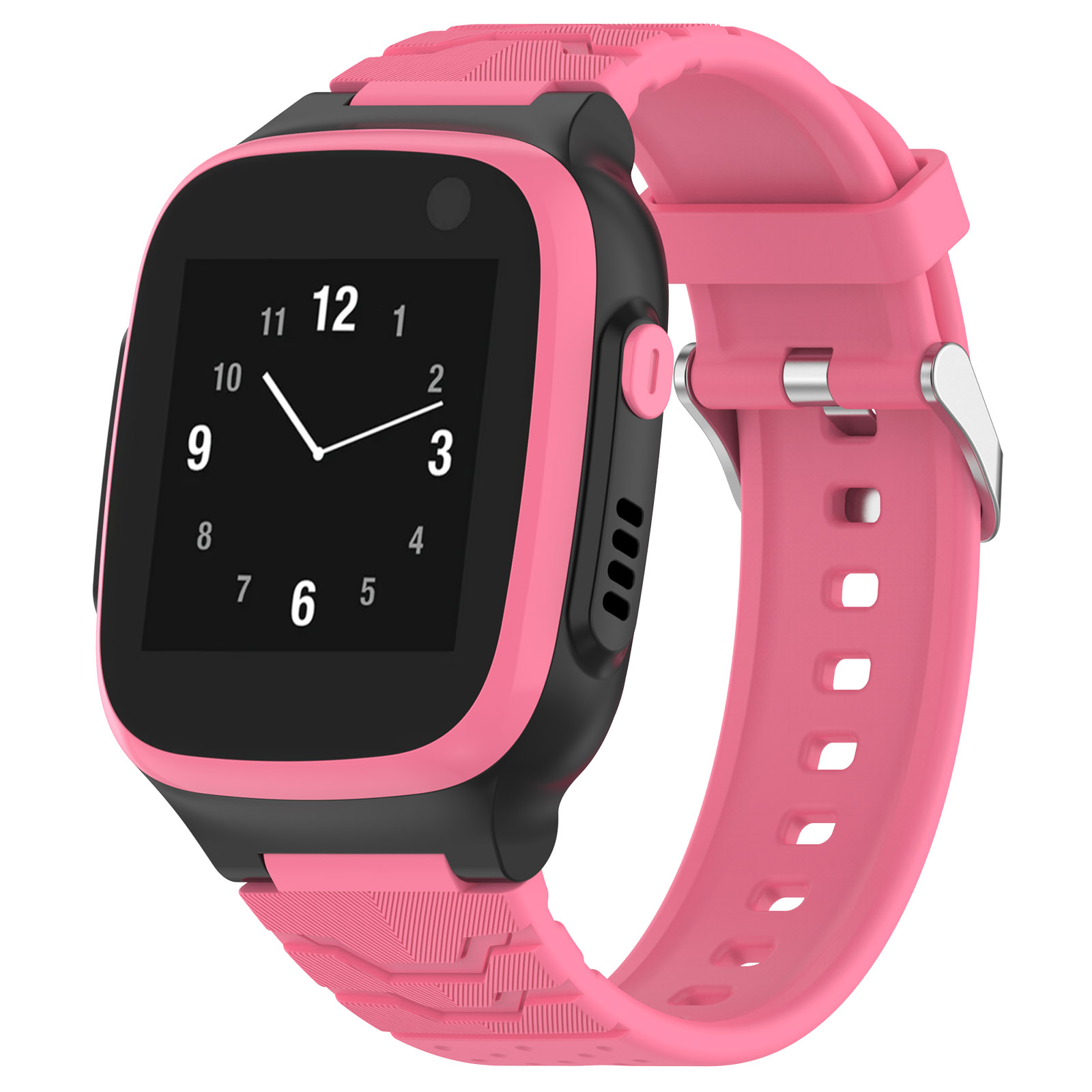 Rosa Smartwatch mit schwarzem Bildschirm. Zeigt ein Ziffernblatt. Rosa Armband und schwarzer Rahmen.