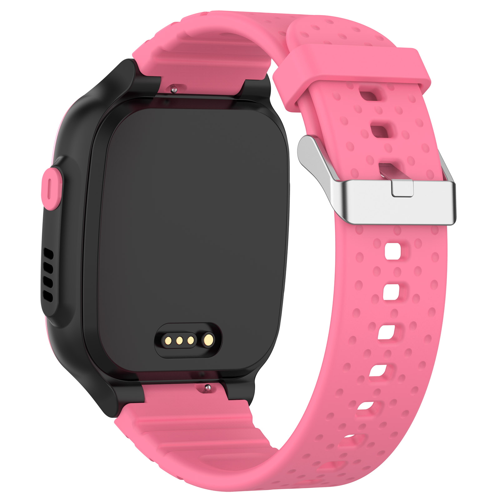 Rückansicht einer rosa Smartwatch mit rosa Armband. Die Rückseite hat Ladekontakte. Schwarzer Rahmen.