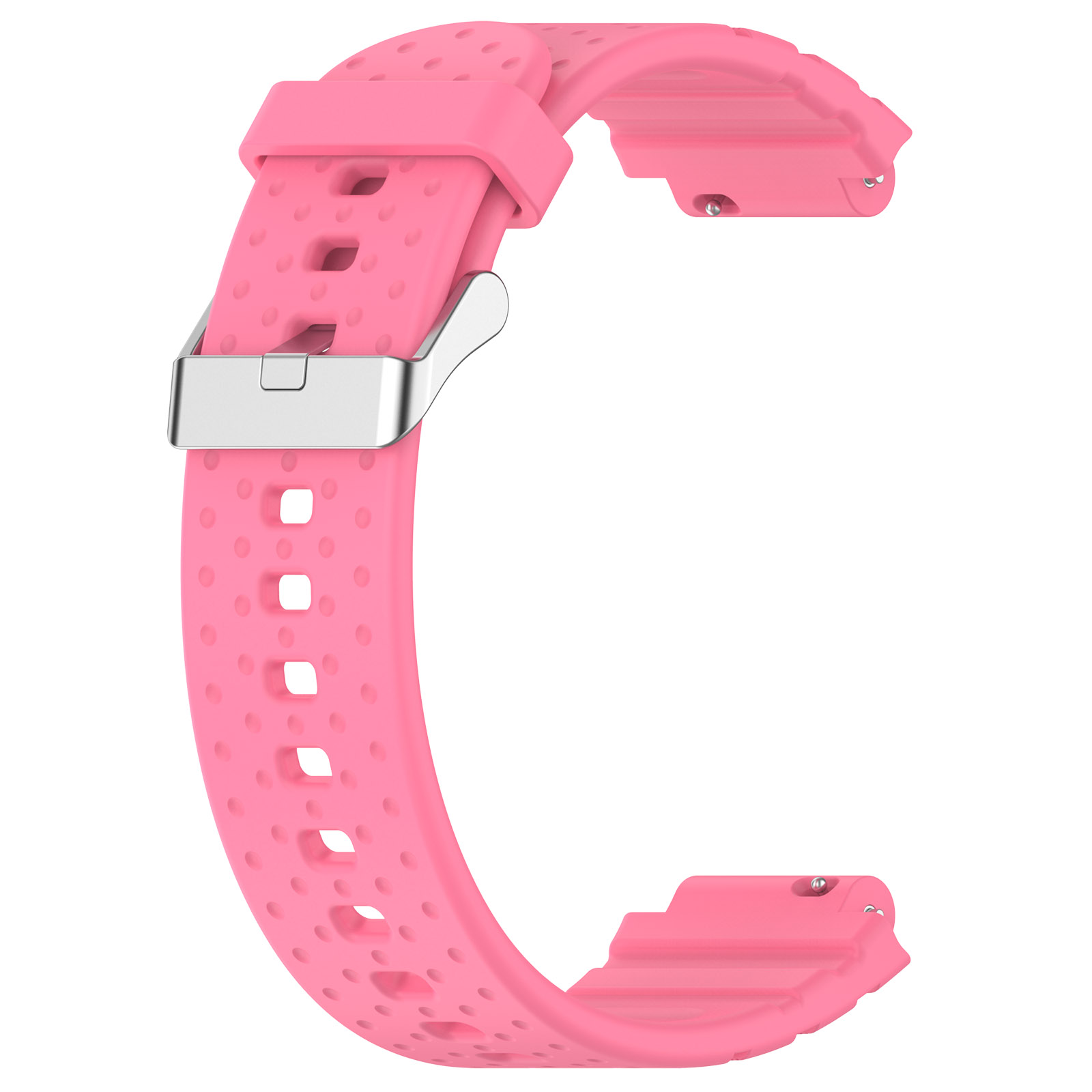 Ein pinkes Uhrenarmband mit Löchern und einer silbernen Schnalle.