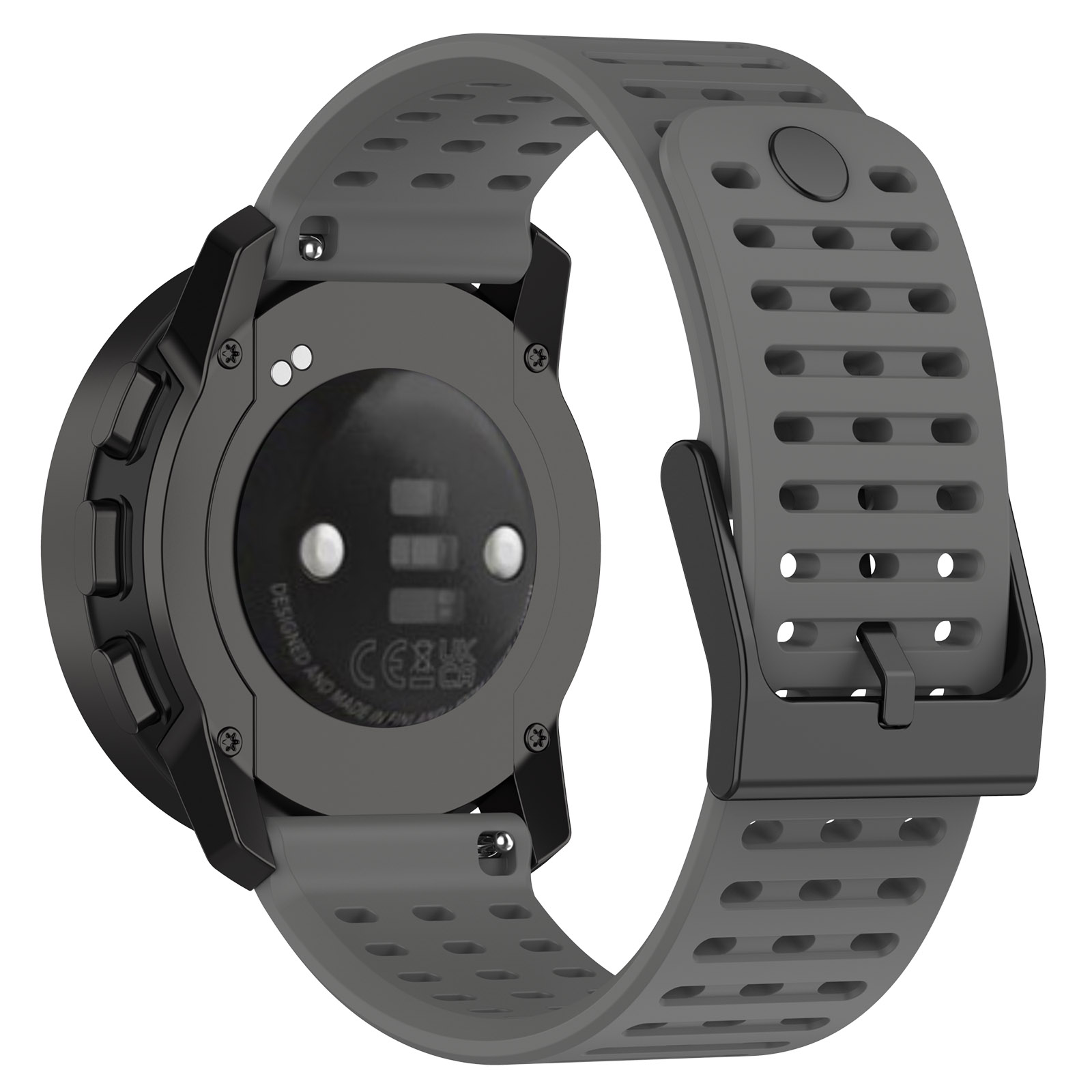 Rückseite einer schwarzen Smartwatch mit grauem Armband, zeigt Sensoren und Ladepunkte.