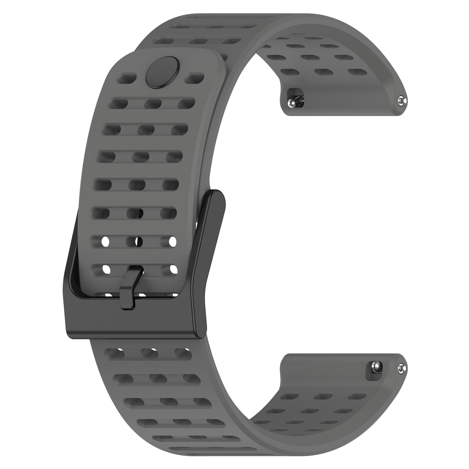 Graues Uhrenarmband mit Perforationen und einer schwarzen Schnalle.