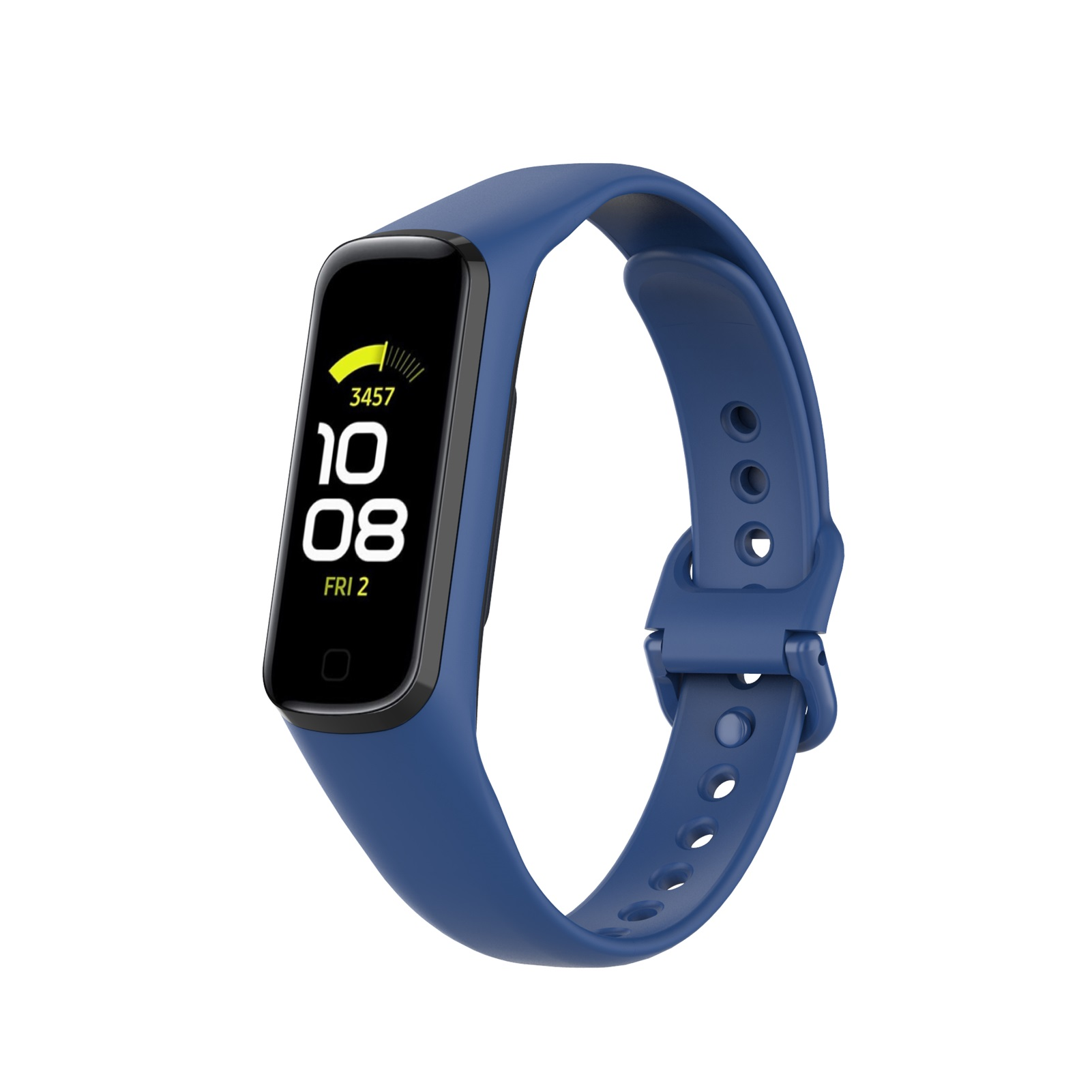 Eine blaue Fitness-Tracker-Uhr mit Anzeige von Daten und blauem Armband.