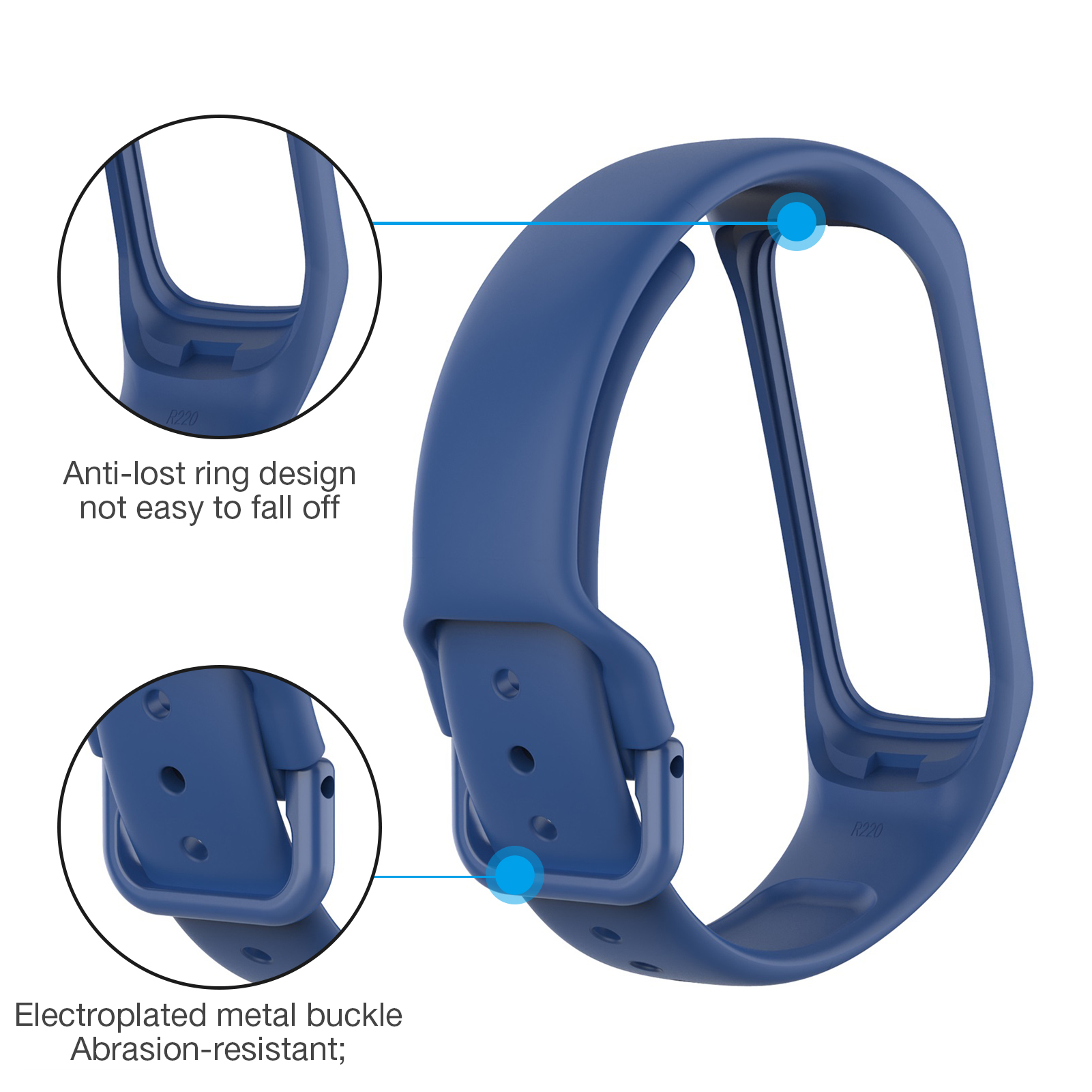 Blaues Smartwatch-Armband mit Anti-Verlust-Ring-Design und galvanisierter Metallschnalle.