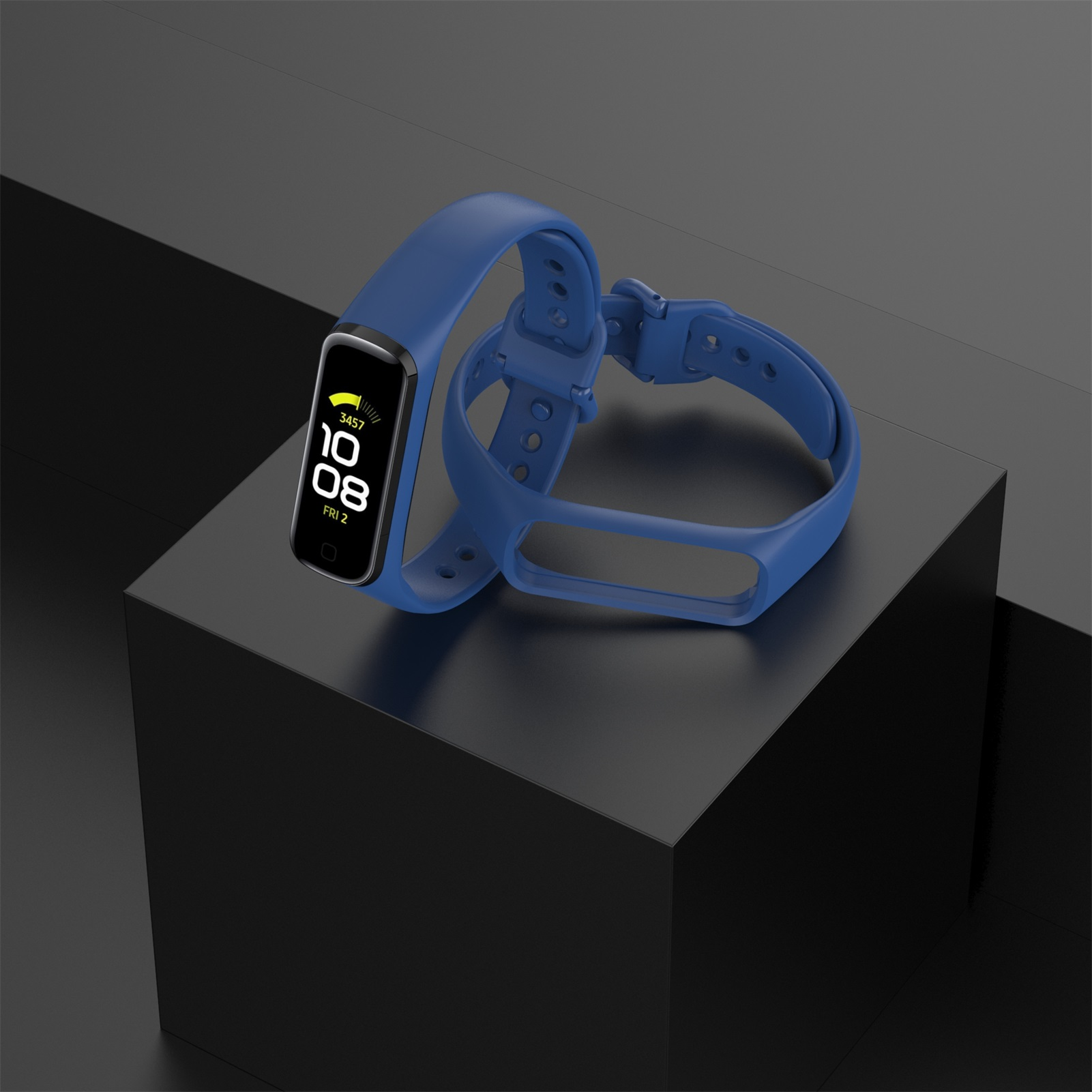 Ein blauer Fitnesstracker mit einem Bildschirm, der Uhrzeit und Datum anzeigt, und einem Armband auf einer schwarzen Box.